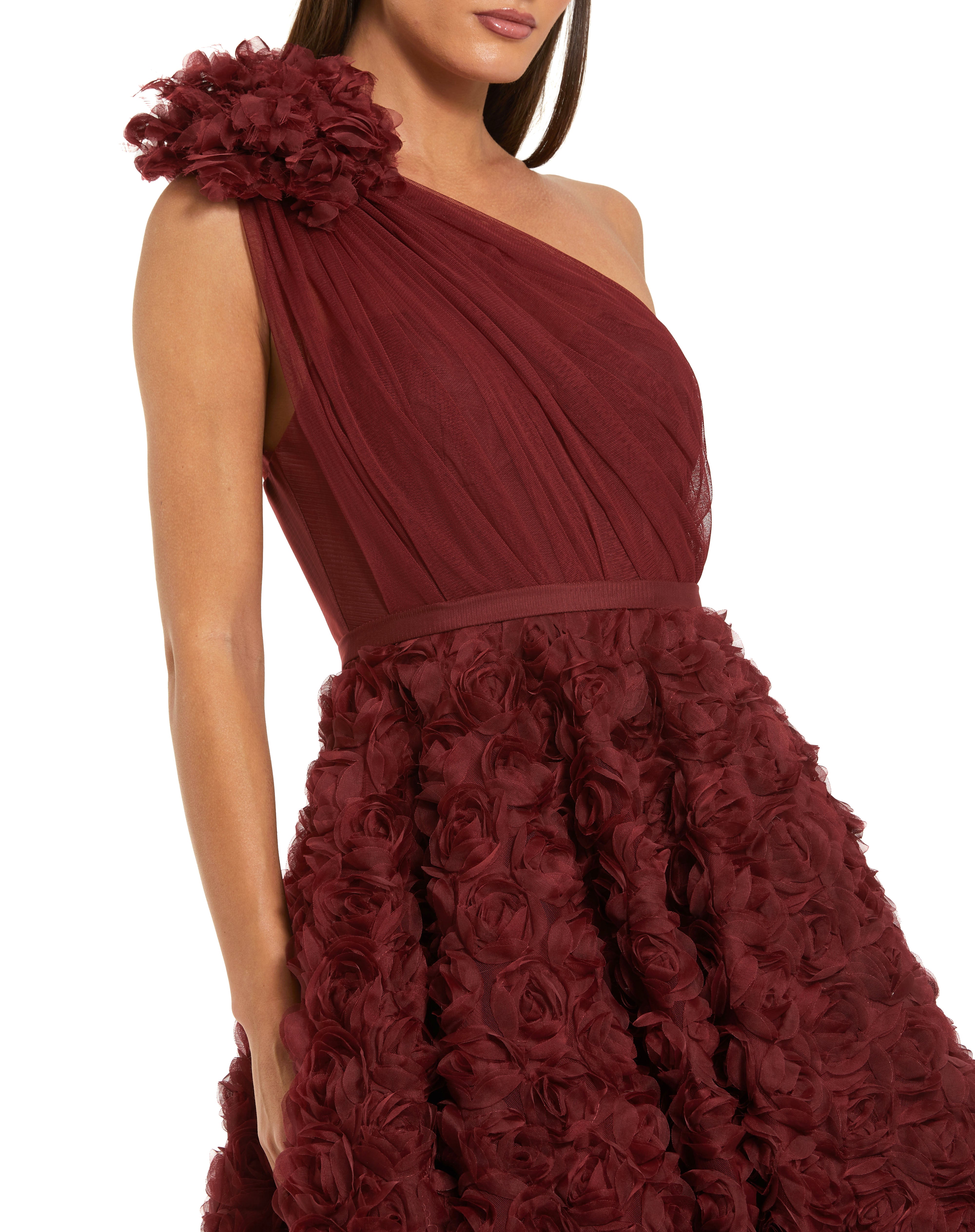 Red One Shoulder Rosette A Line Midi Dress