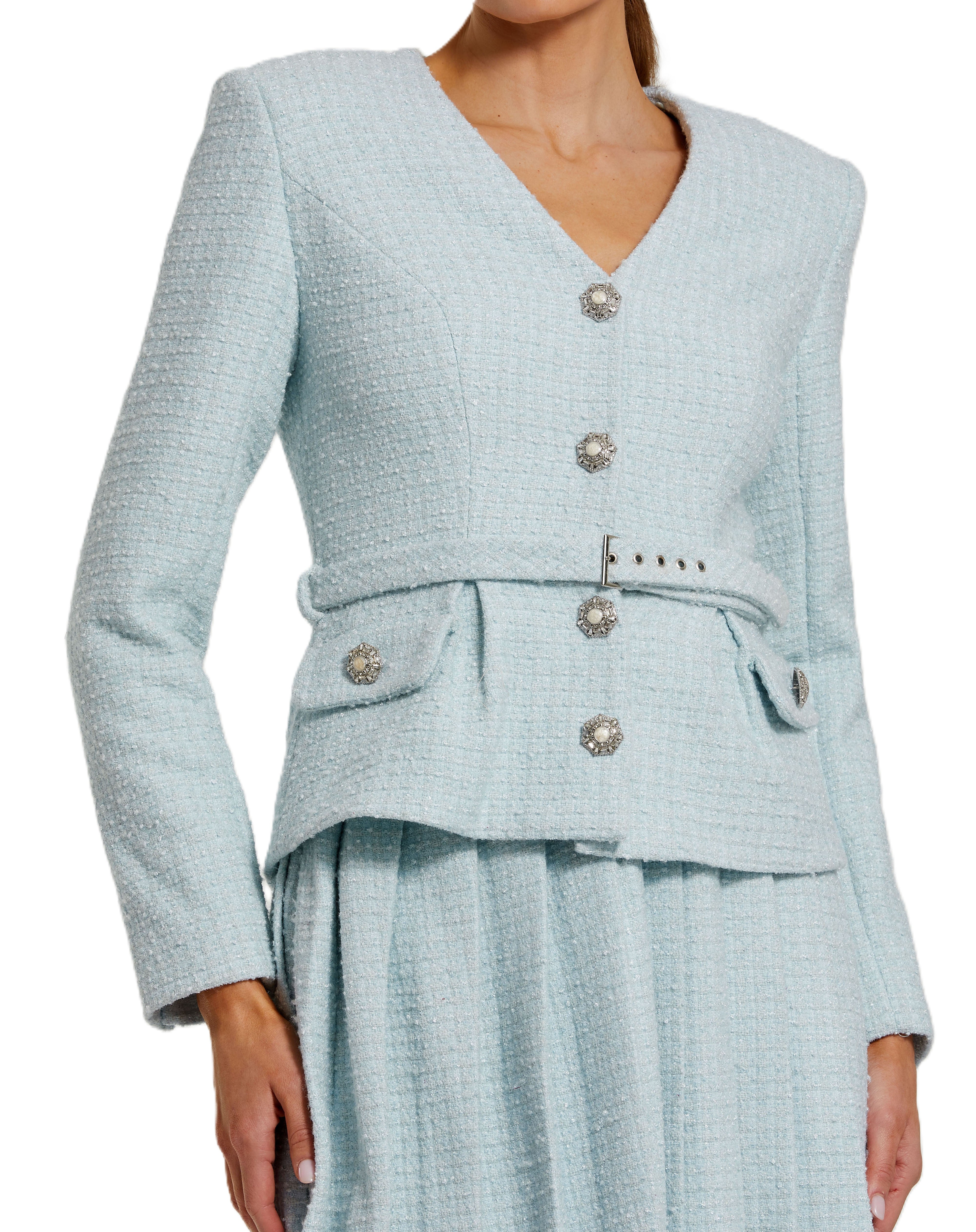 Blue Boucle Long Sleeve V Neck Midi Dress With Buttons