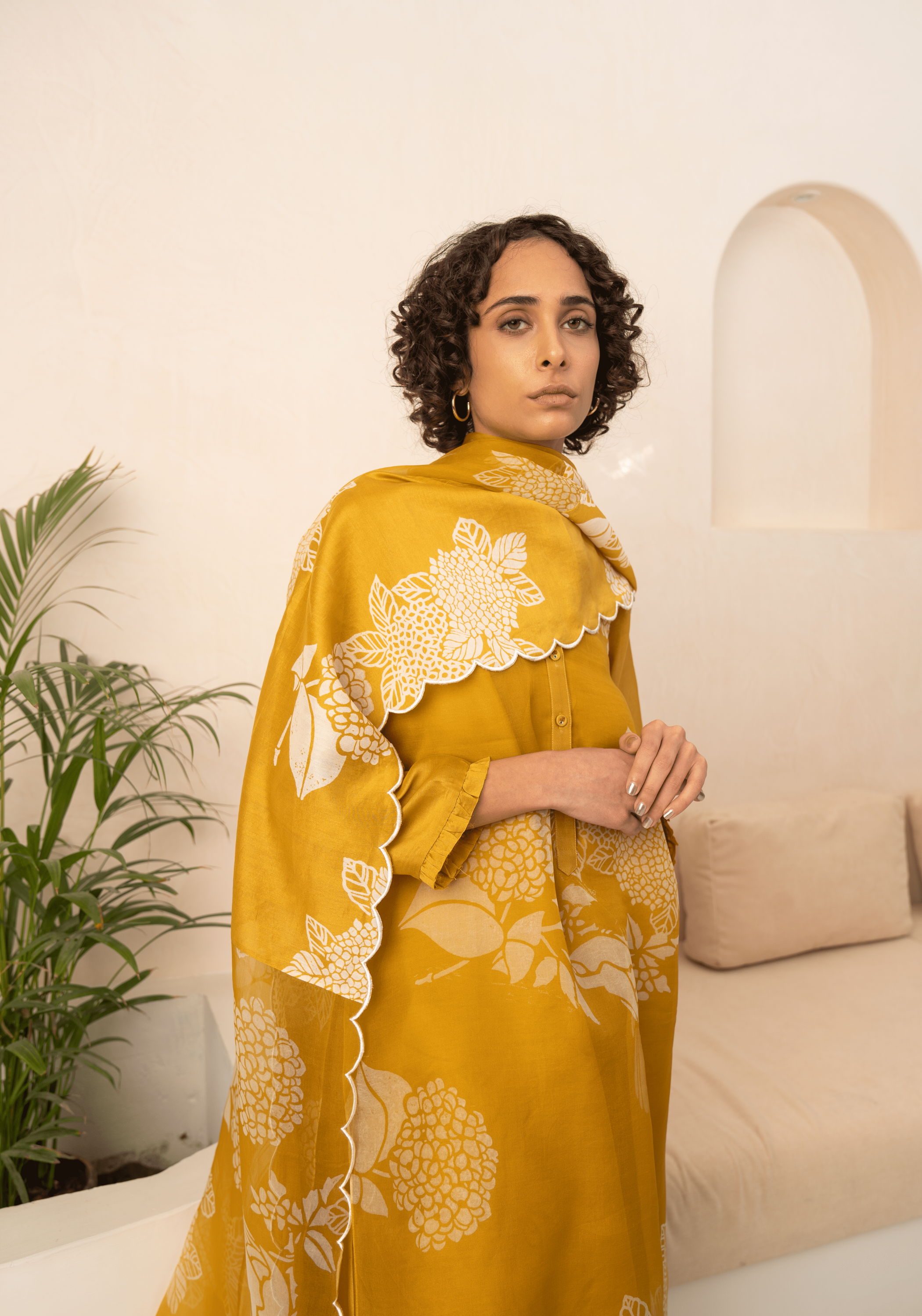 Ochre Floral Double Layered Tunic And Pant