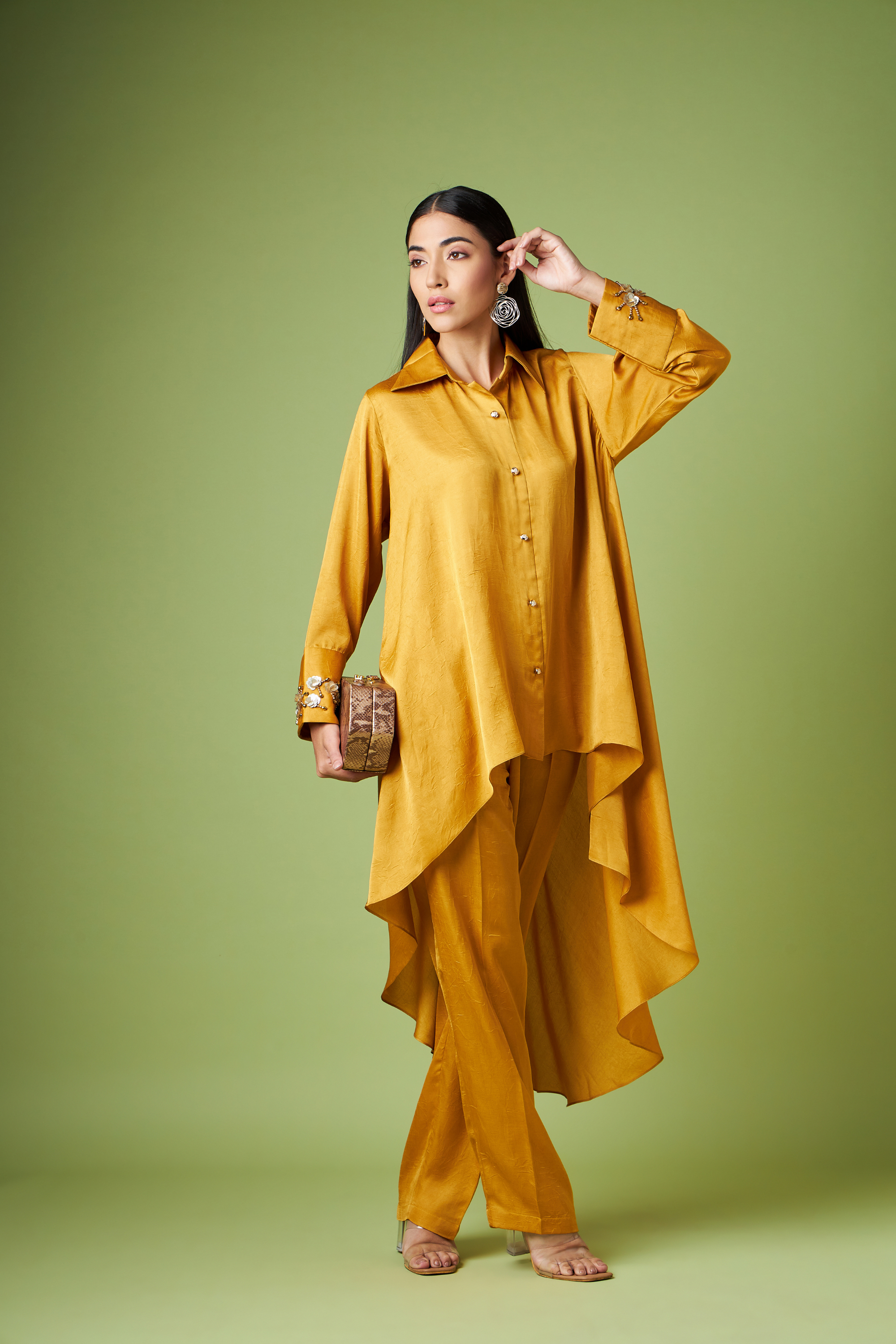 Mustard Tunic Co-ord Set With Floral Embellishment