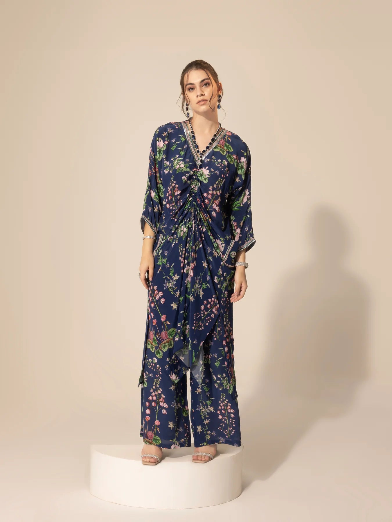 Navy Blue Botanical Drawstring Kaftan & Pants Set