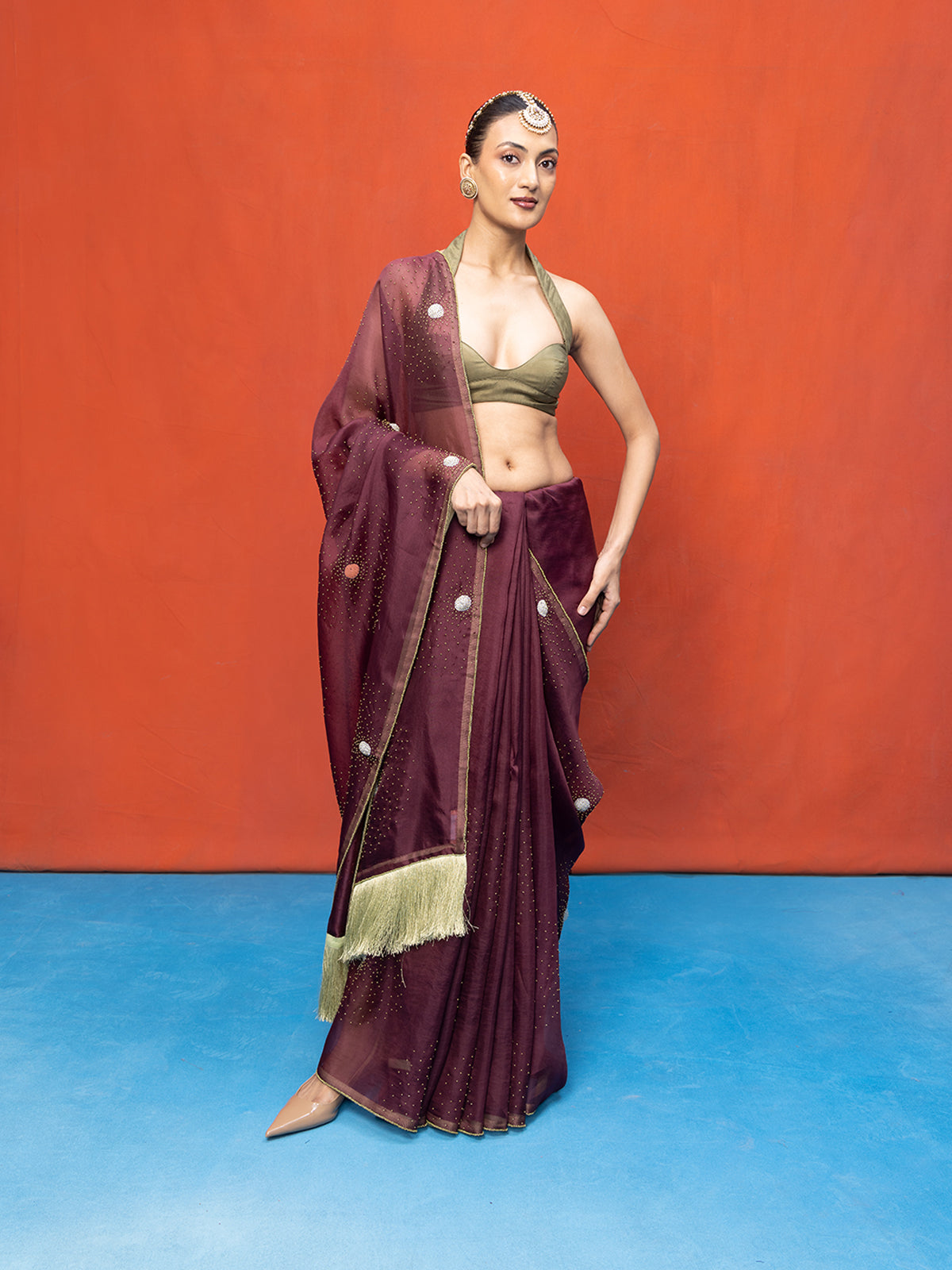 Handwoven Wine Kora Banarasi Saree