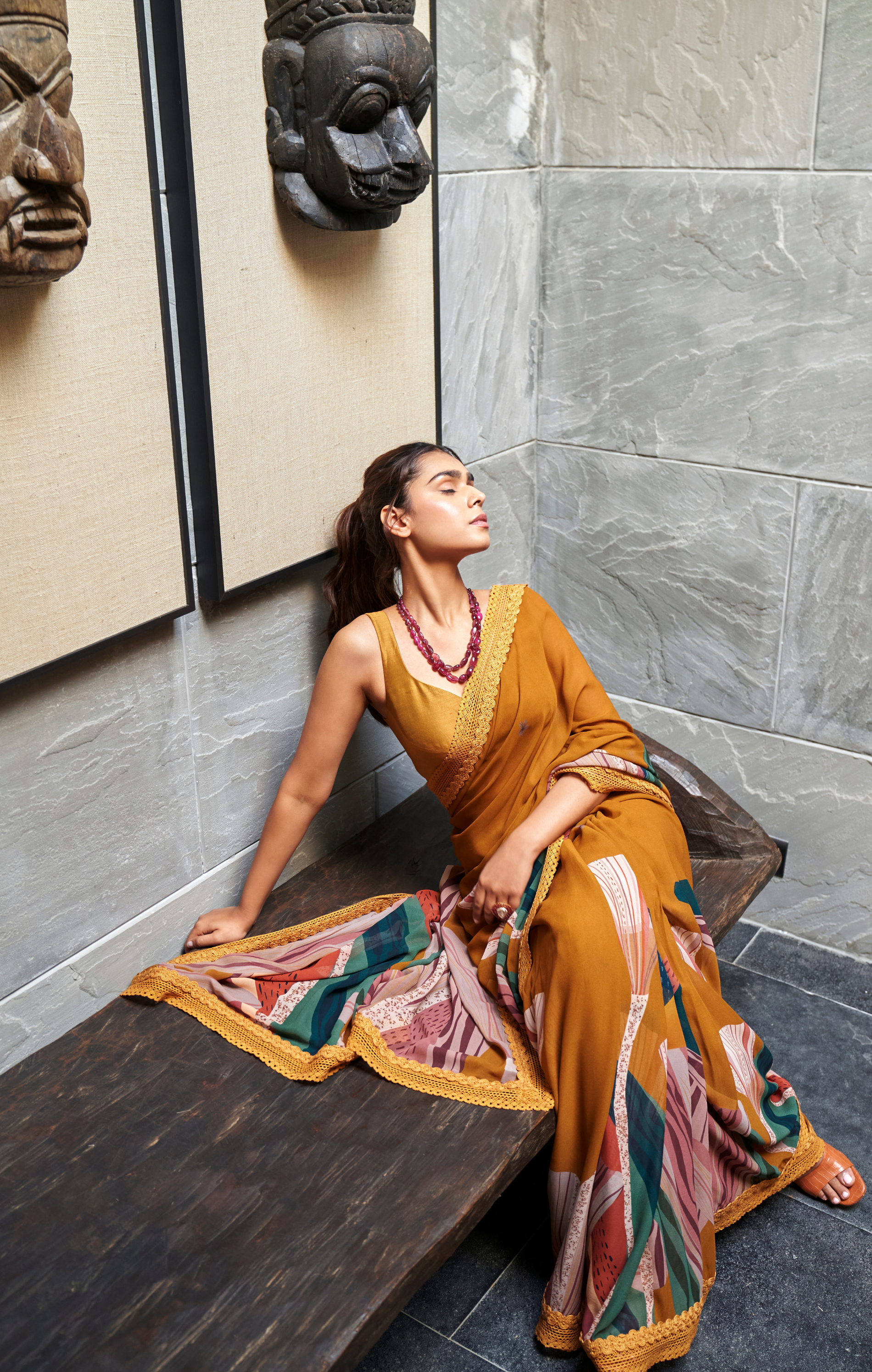 Mustard Yellow Abstract Print Saree With Blouse