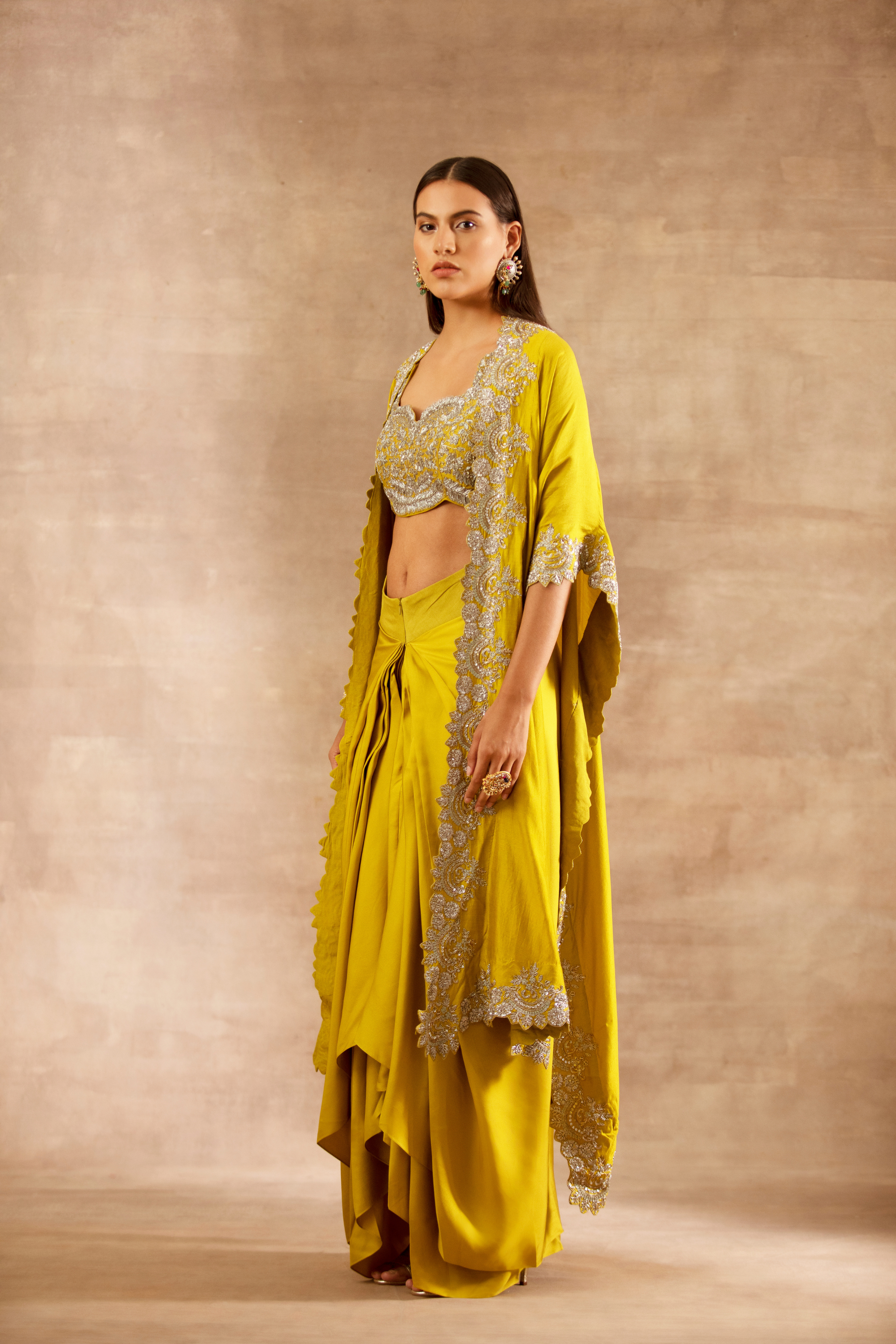 Mustard Embroidered Cape Set