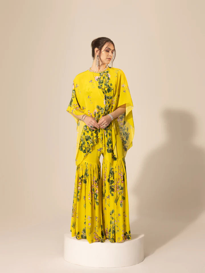 Yellow Botanical Asymmetric Top & Sharara Pants