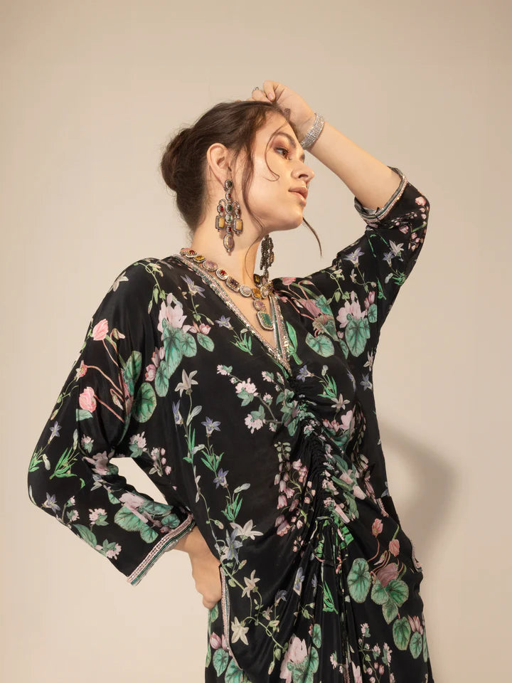 Black Botanical Drawstring Kaftan & Pants Set