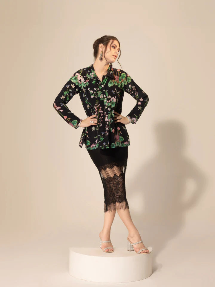 Black Botanical Printed Shirt & Chantilly Lace Skirt Set (Copy)