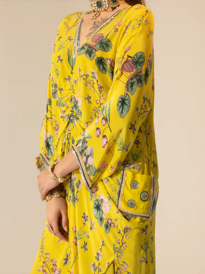 Yellow Botanical Drawstring Kaftan & Pants Set