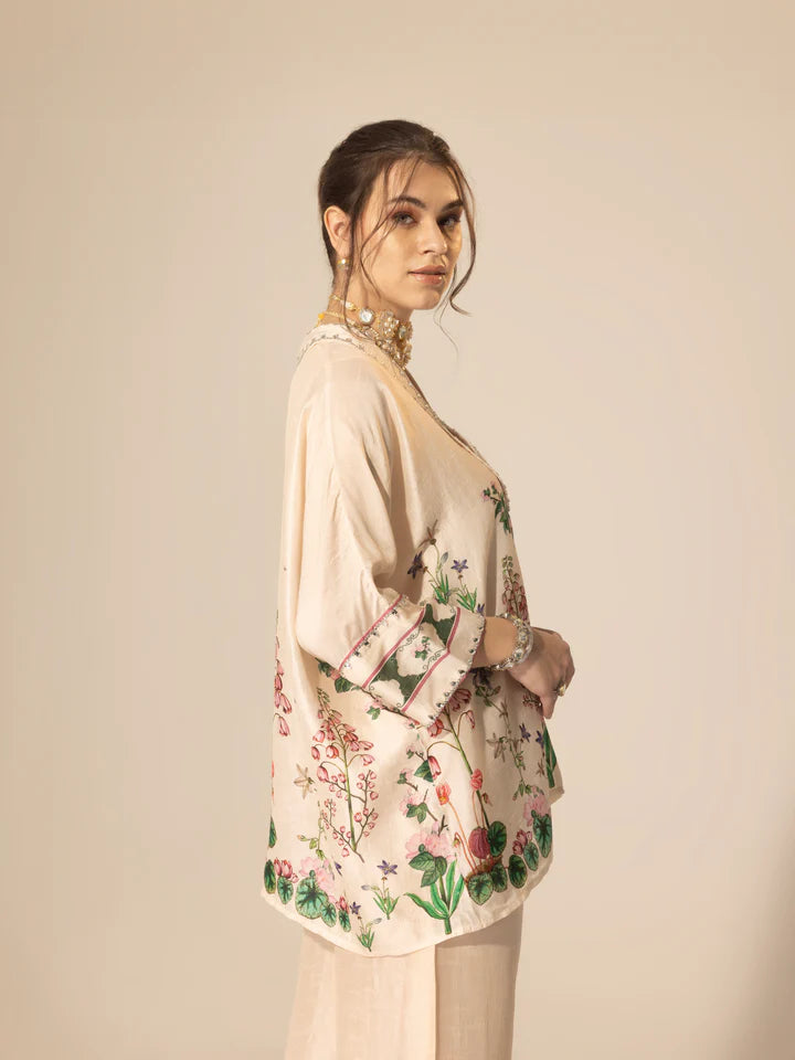 Ivory Botanical Printed Shirt Kaftan & Ankle Pants Set