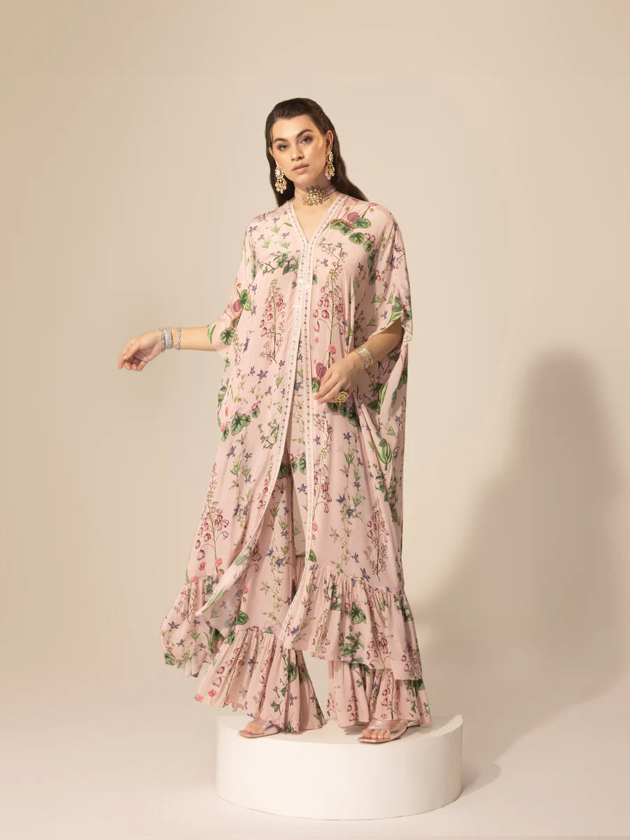 Blush Pink Botanical Long Kaftan & Pants