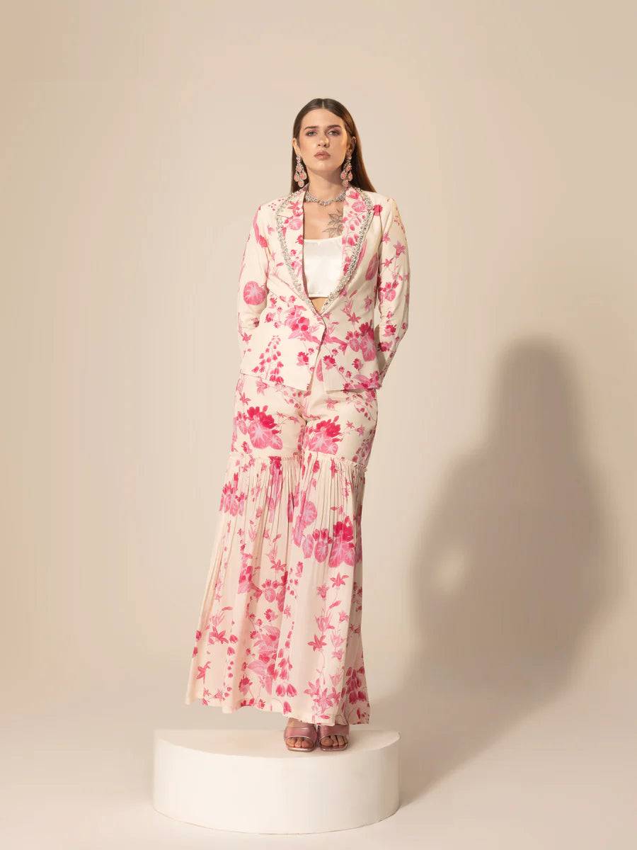 Ivory & Pink  Botanical Printed Blazer & Sharara