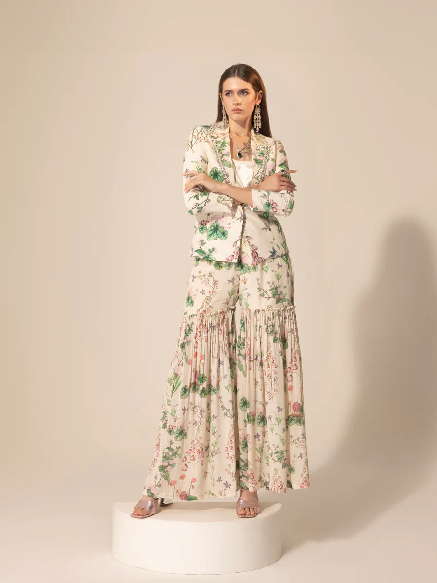 Ivory Botanical Printed Blazer & Sharara