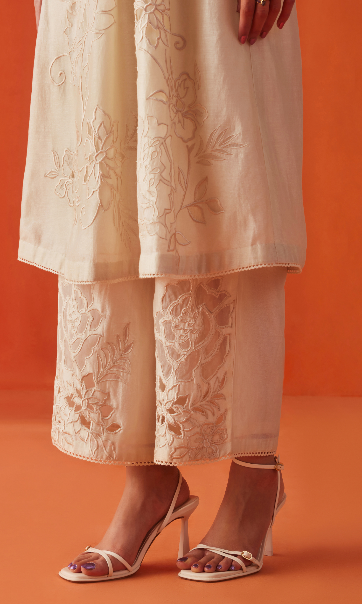 Ivory embroidered yoke detail kurta with sheer cutwork pants