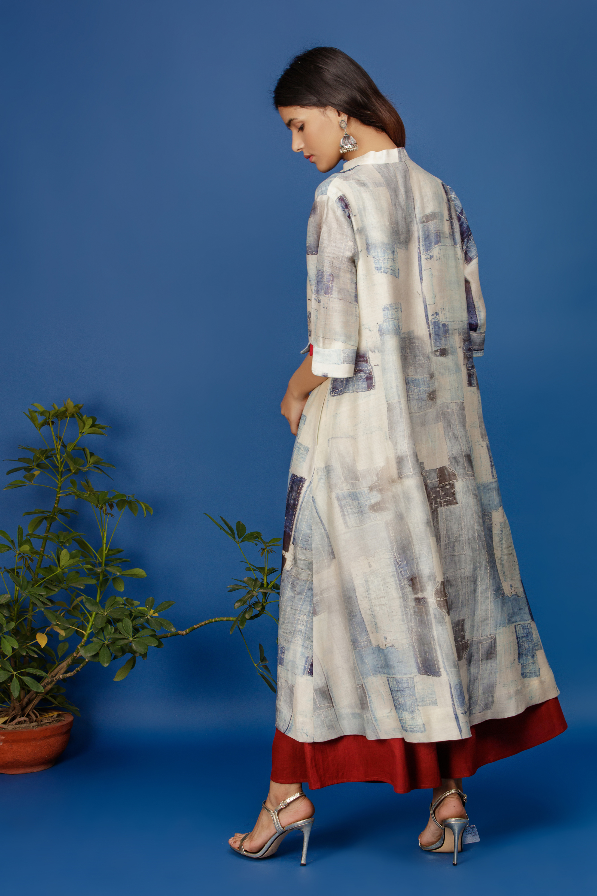 Floral & Abstract Printed Front Open Ivory Kurta