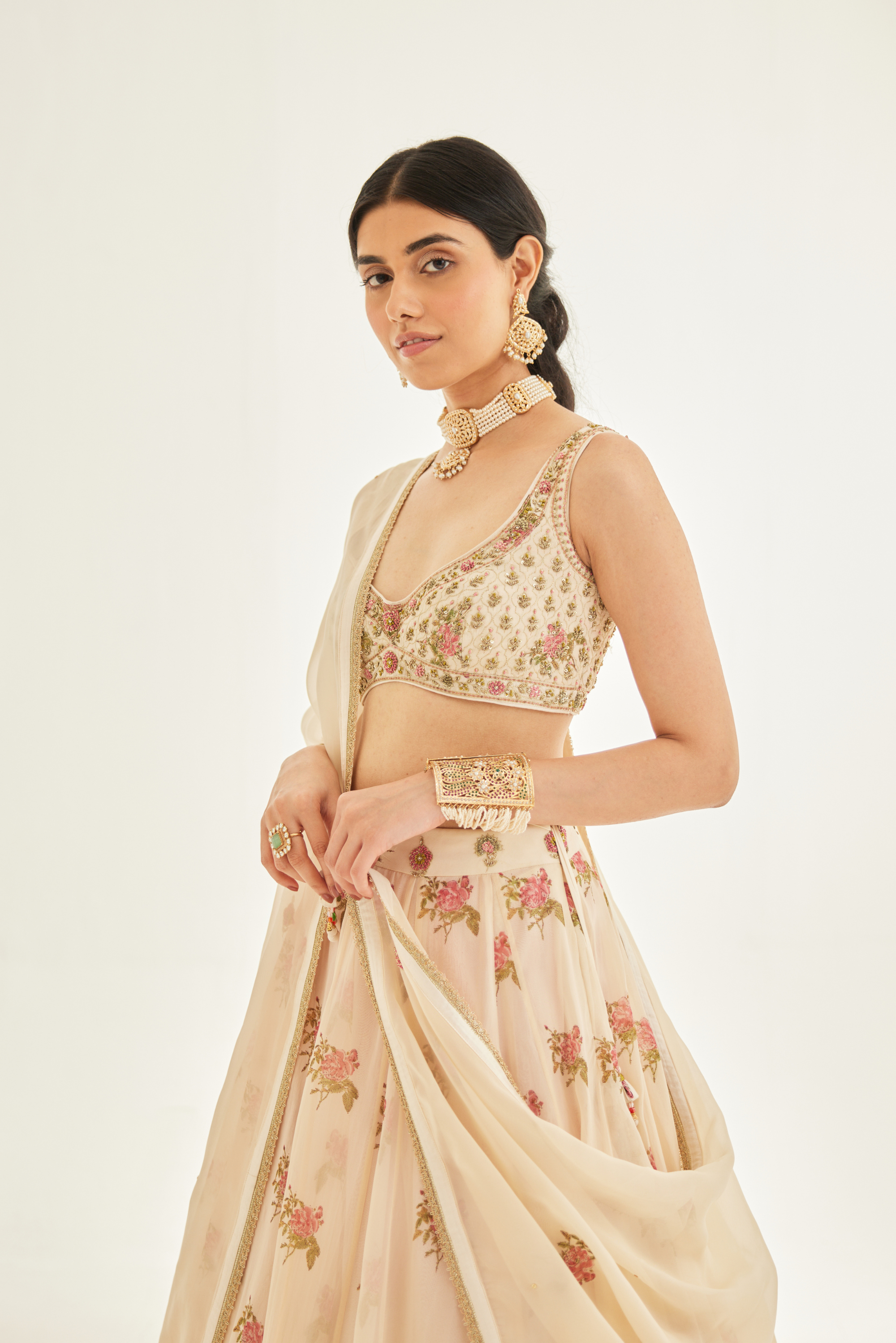 Beige Embroidered Chiffon Lehenga Choli - LC6504