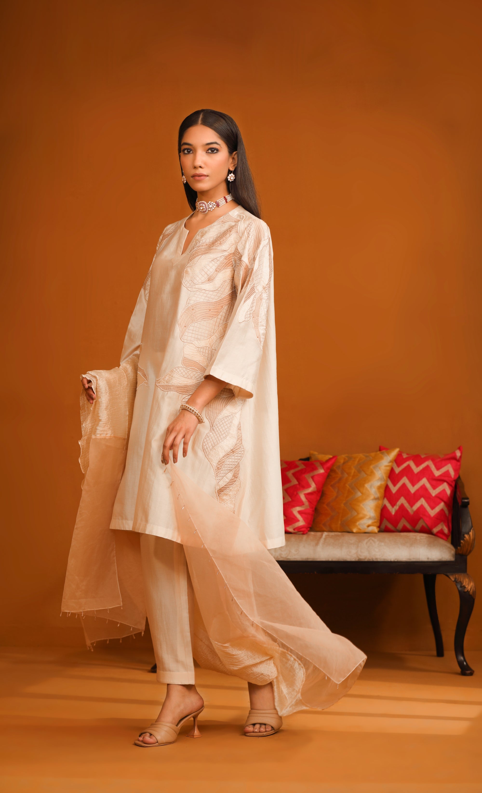 Huma Applique Suit Set - Ivory