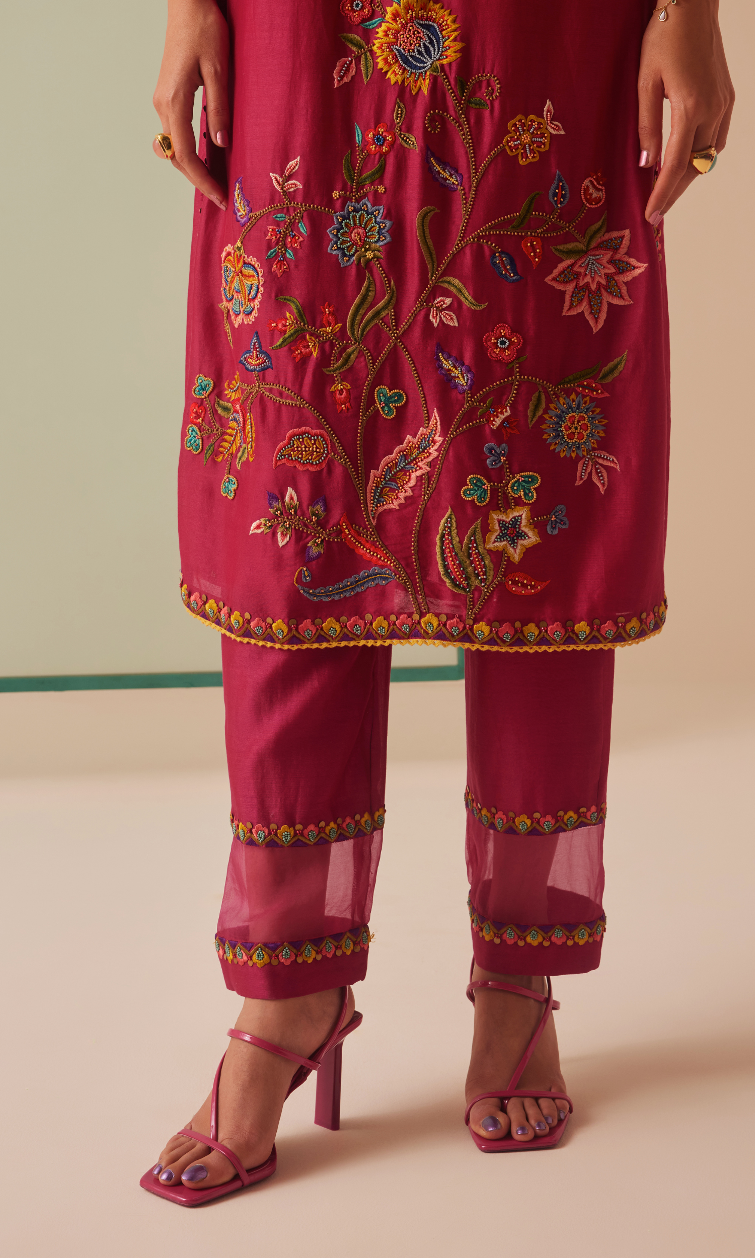 Fuchsia embroidered kurta with organza detail pants