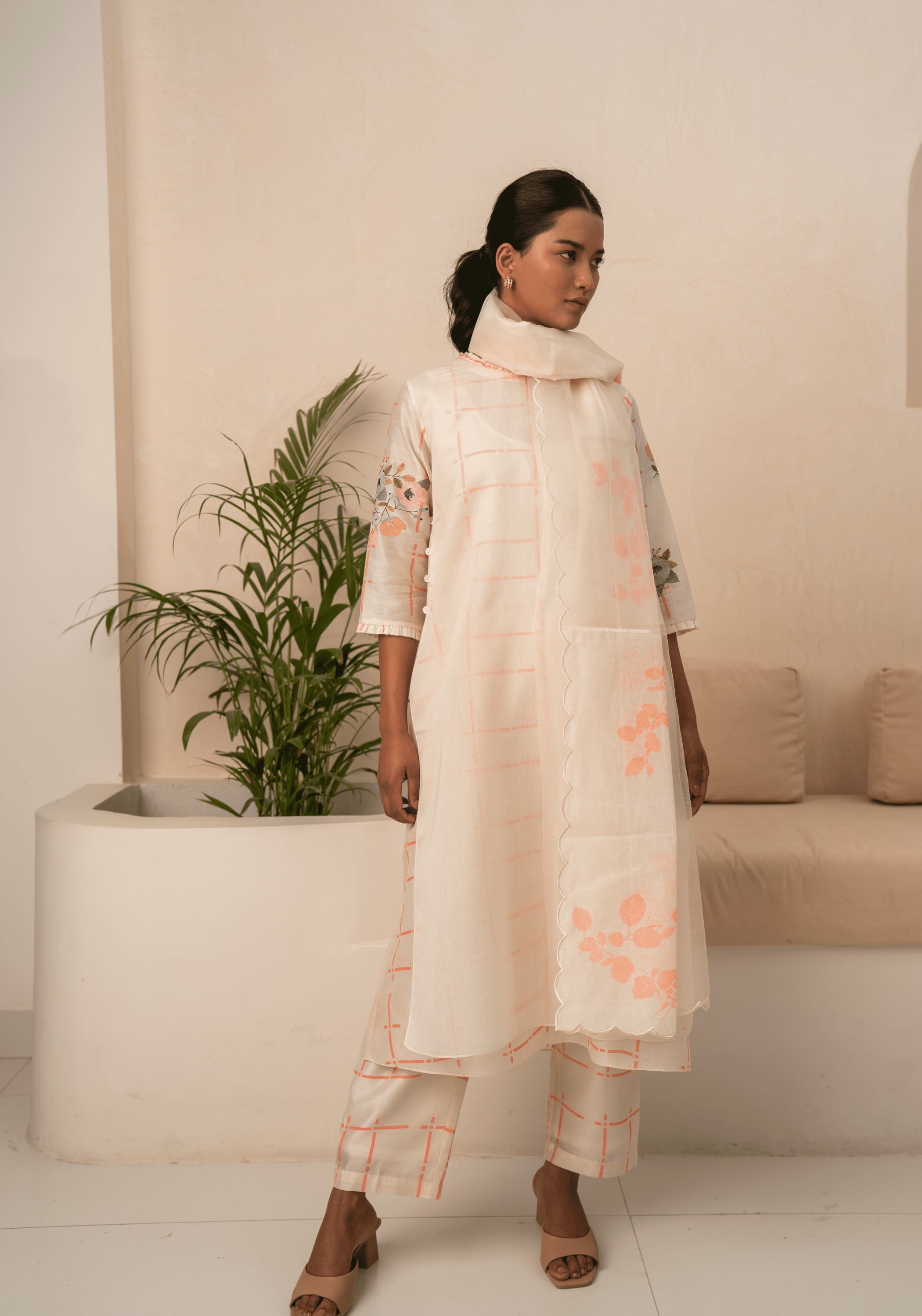 Ivory And Pink Checks Double Layer Tunic And Pant With Dupatta