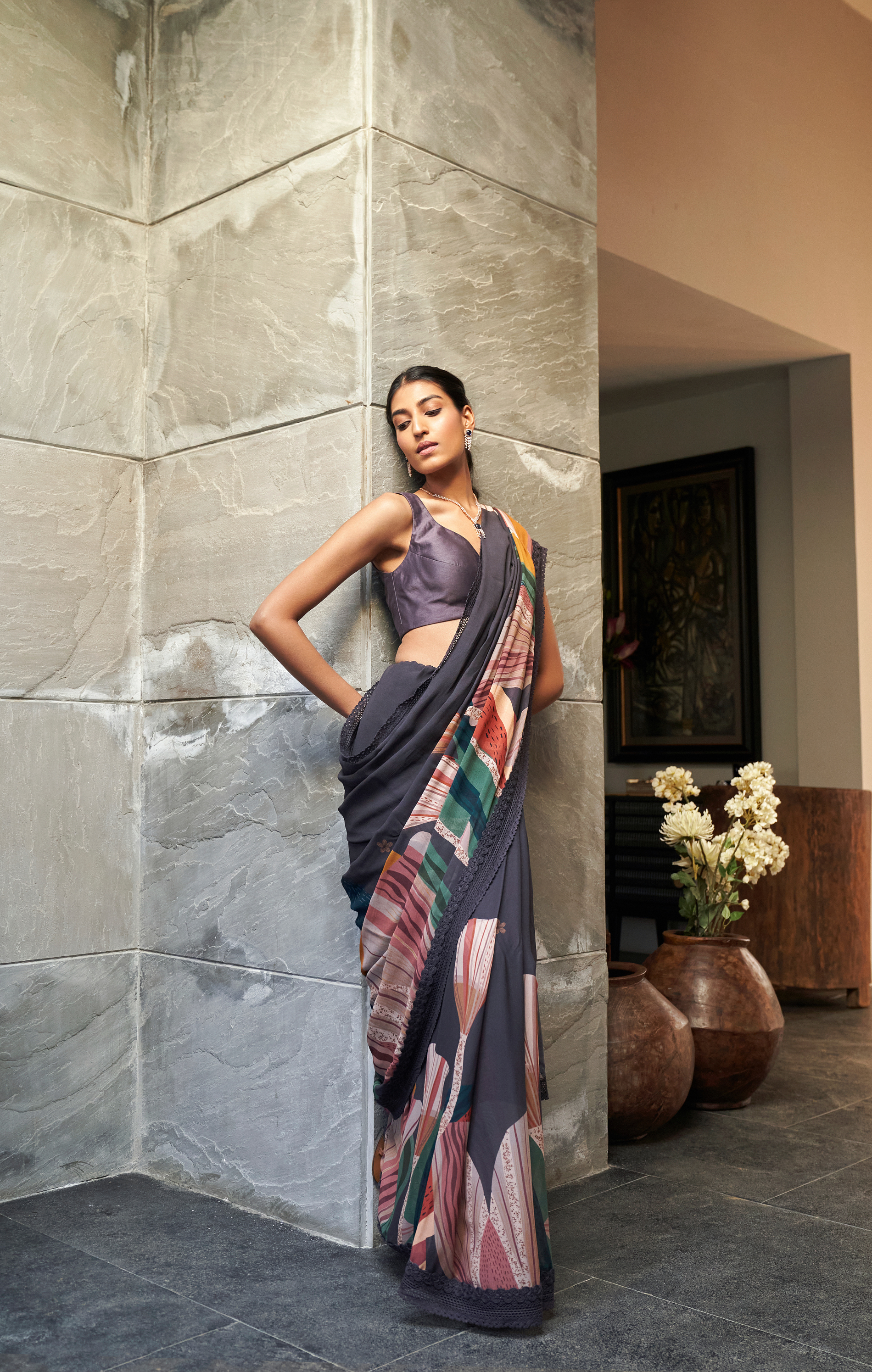 Charcoal Grey Abstract Print Saree With Blouse