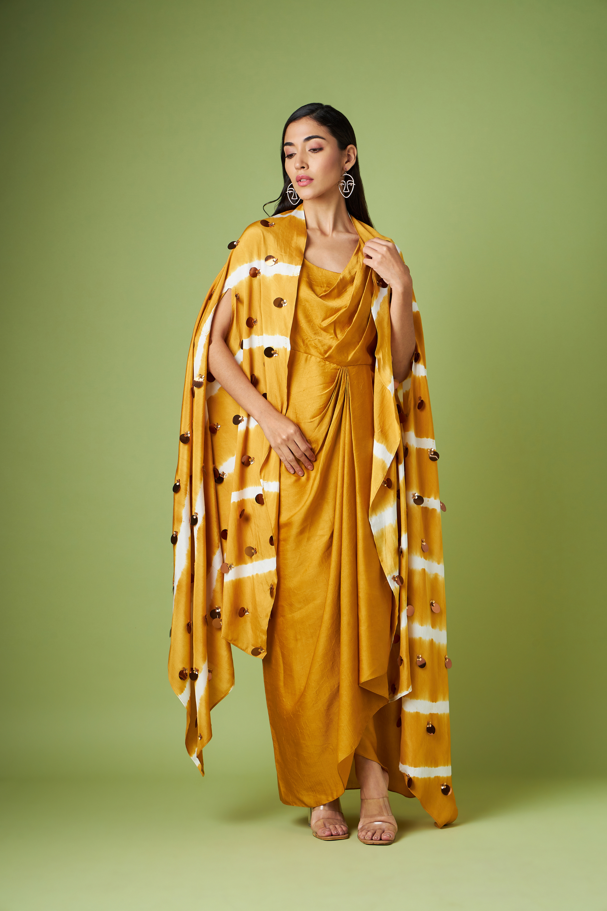 Drape Dress With Embellished Cape