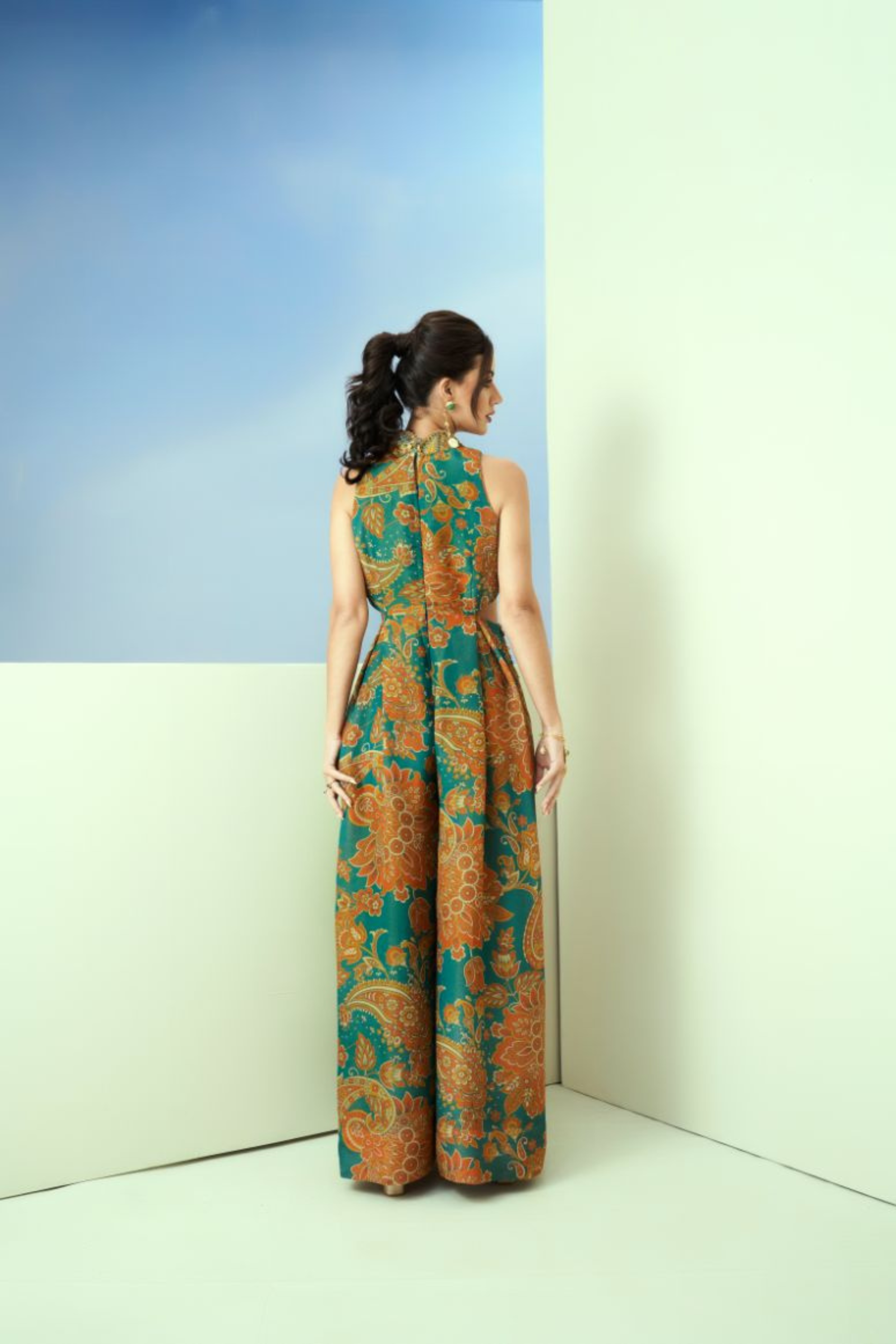 Blue Printed Tissue Collar And Side Emb. Waist Cutout Jumpsuit