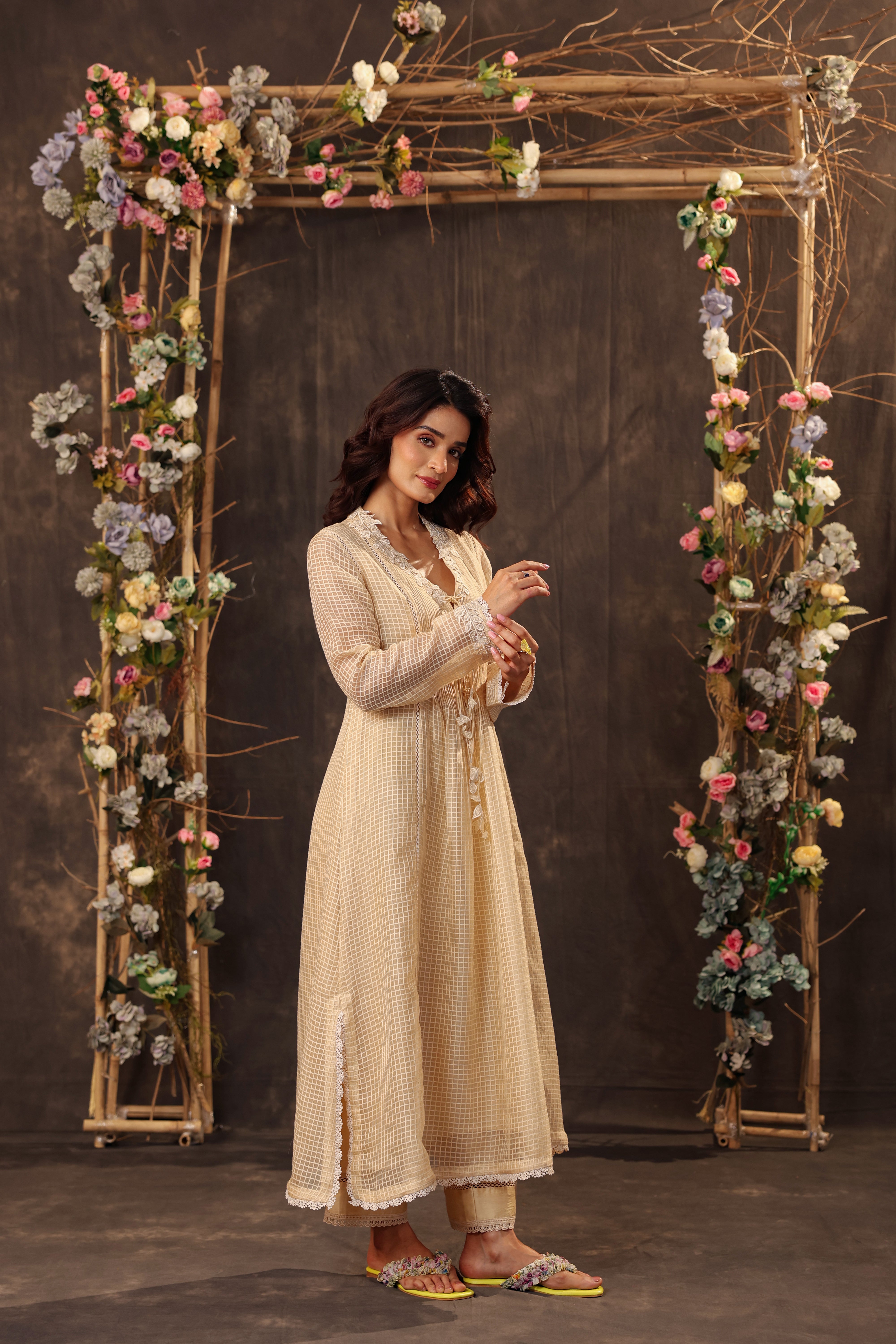 Vaayu Beige Tie-up Kurta Set