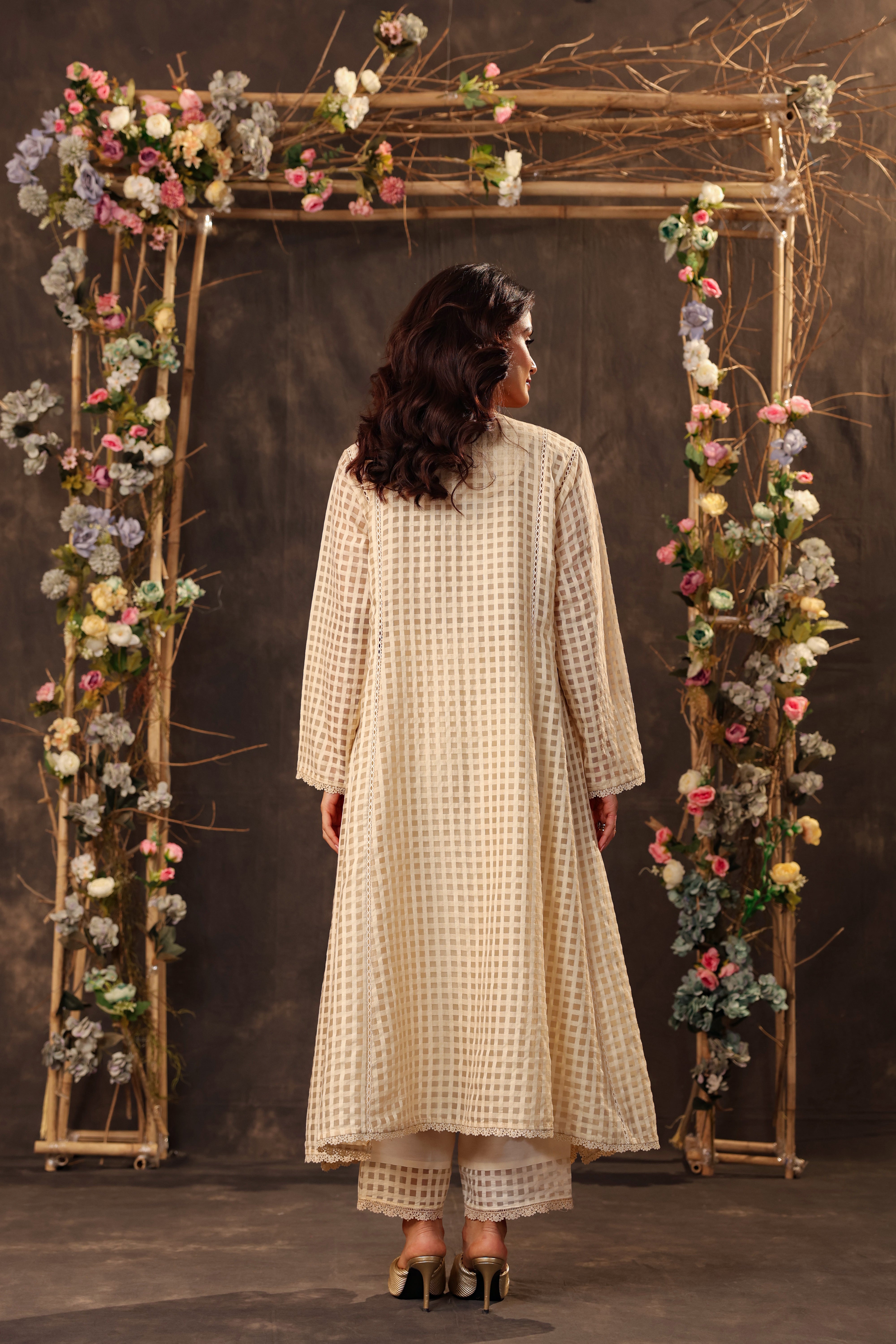 Vaayu Beige Panelled Kalidar Set