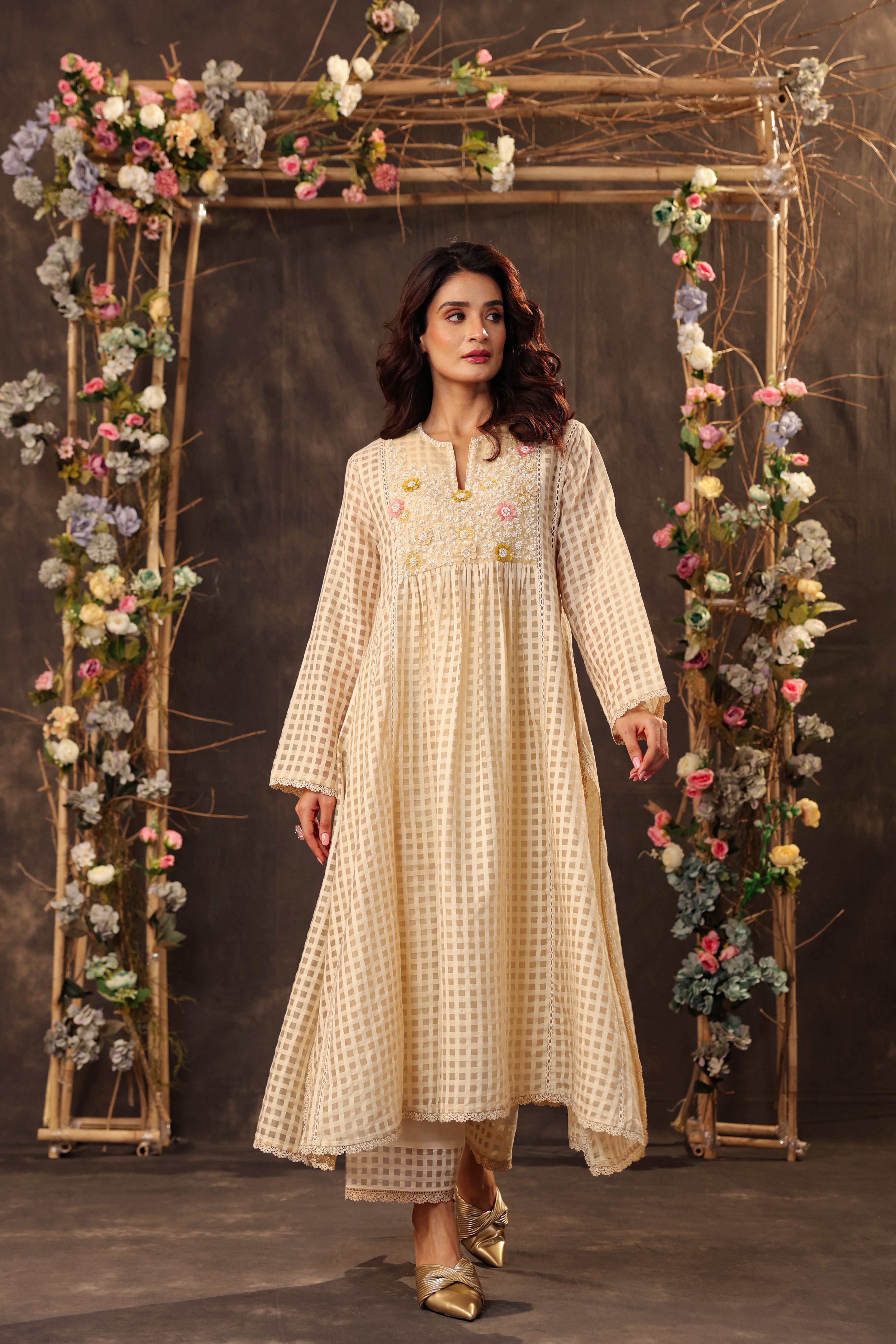 Vaayu Beige Panelled Kalidar Set