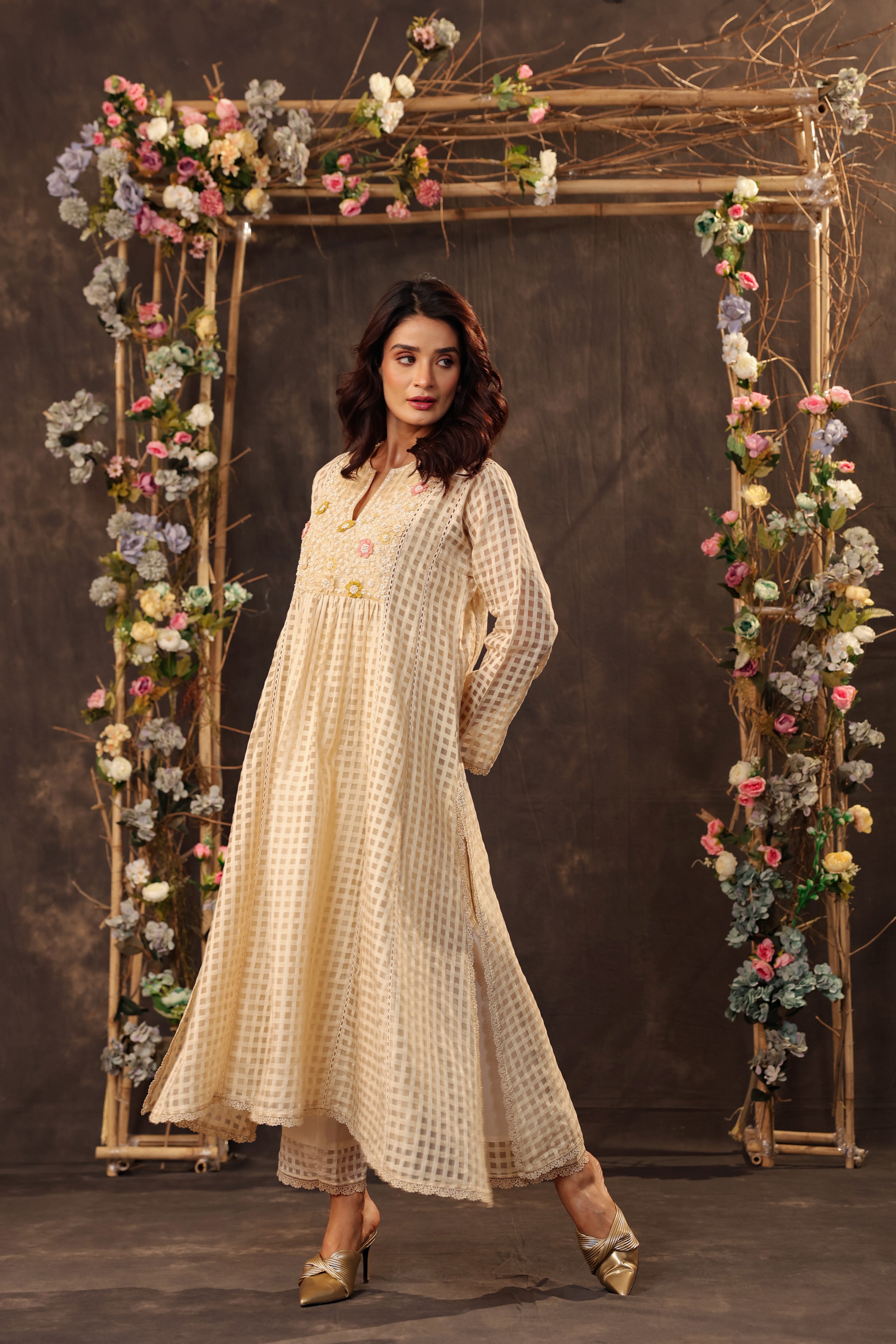 Vaayu Beige Panelled Kalidar Set