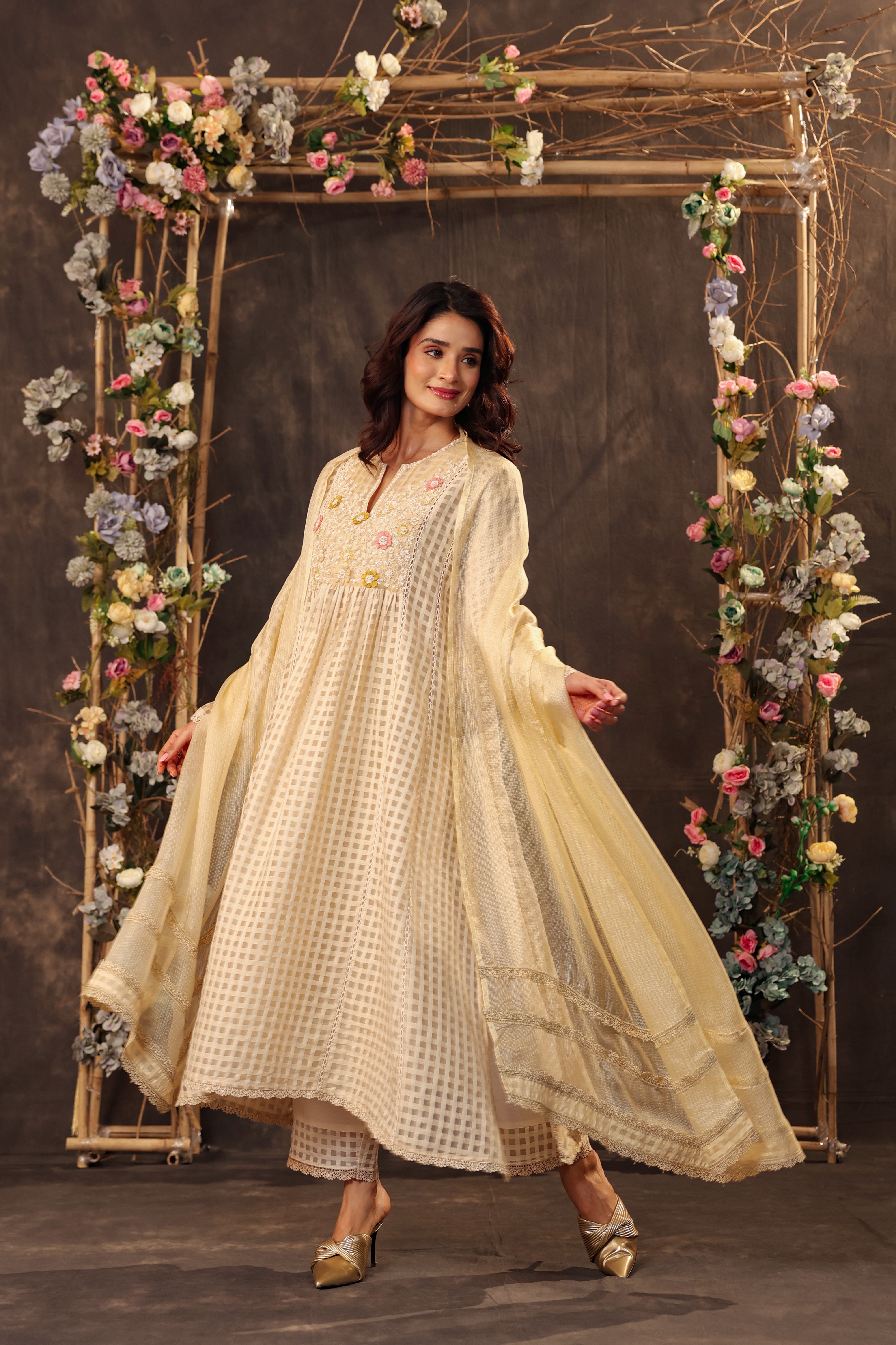 Vaayu Beige Panelled Kalidar Set