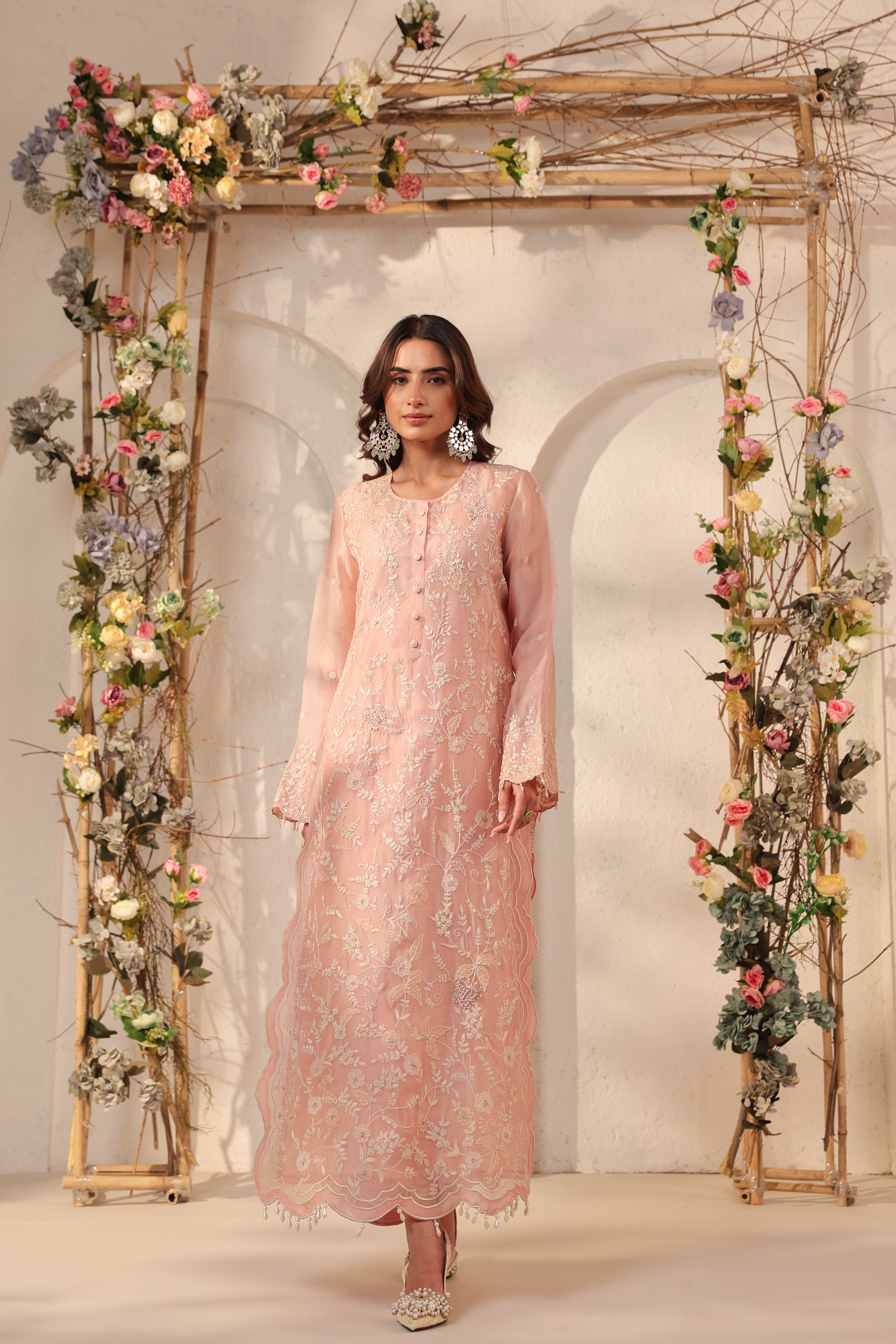 Vaayu Light Pink Heavy Jaal Scallop Kurta Set