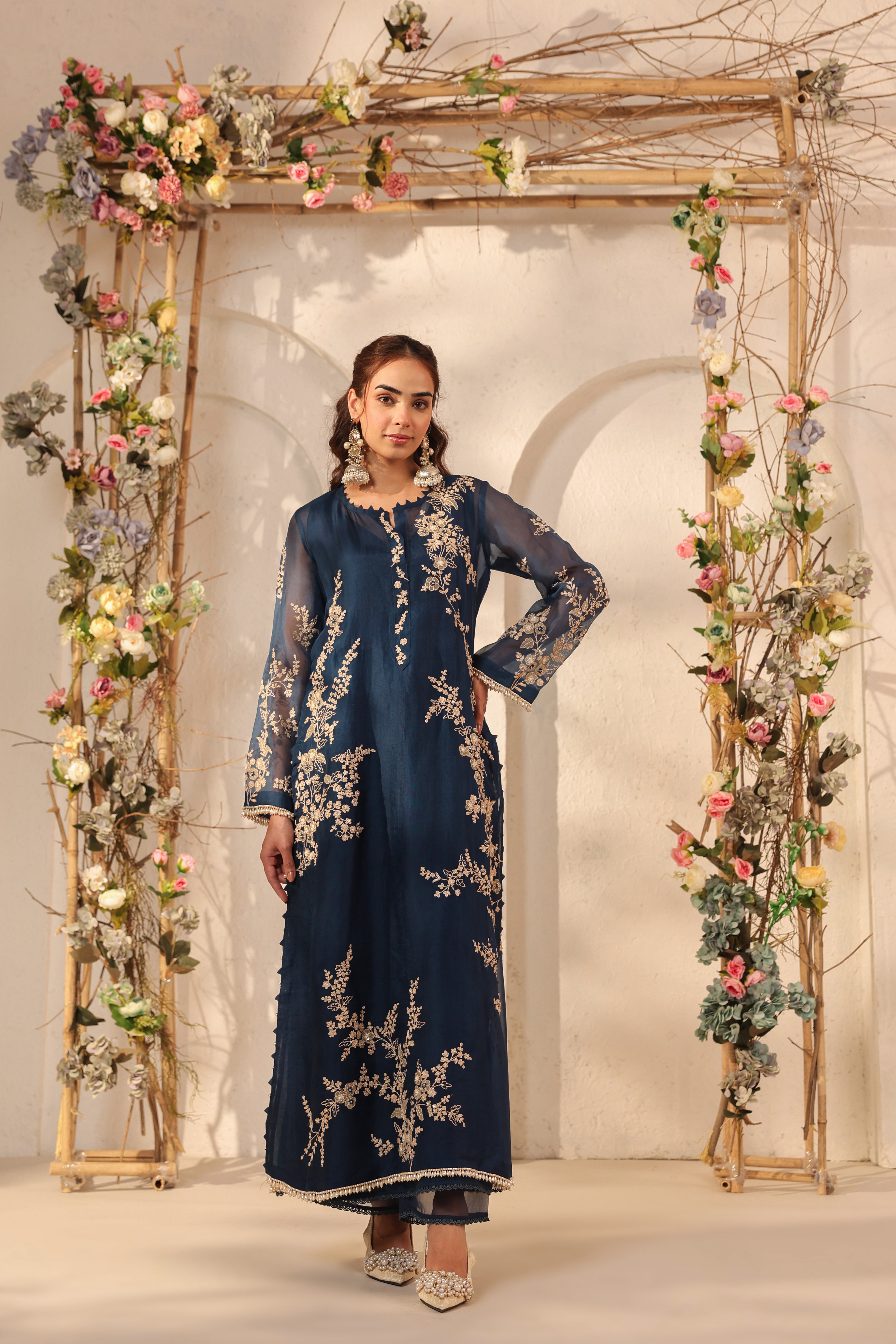 Vaayu Dark Blue Jaal Straight Kurta Set