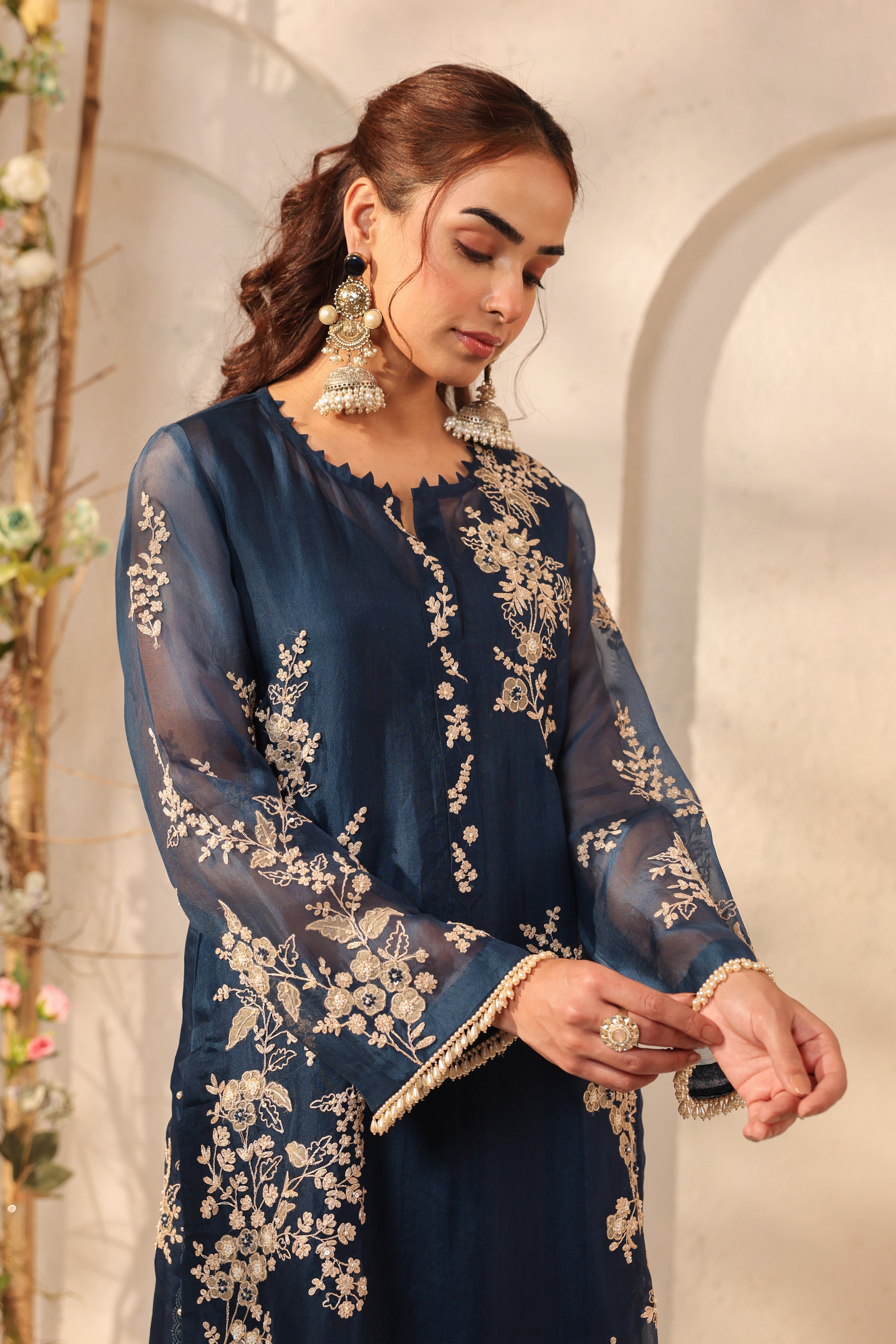 Vaayu Dark Blue Jaal Straight Kurta Set