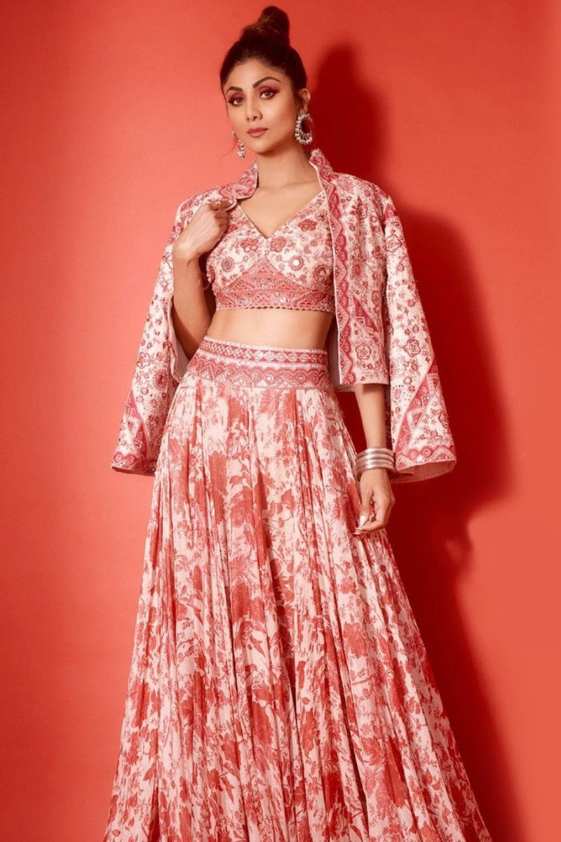 Blush Pink Floral Embroidered Jacket Paired With Bralette and Skirt