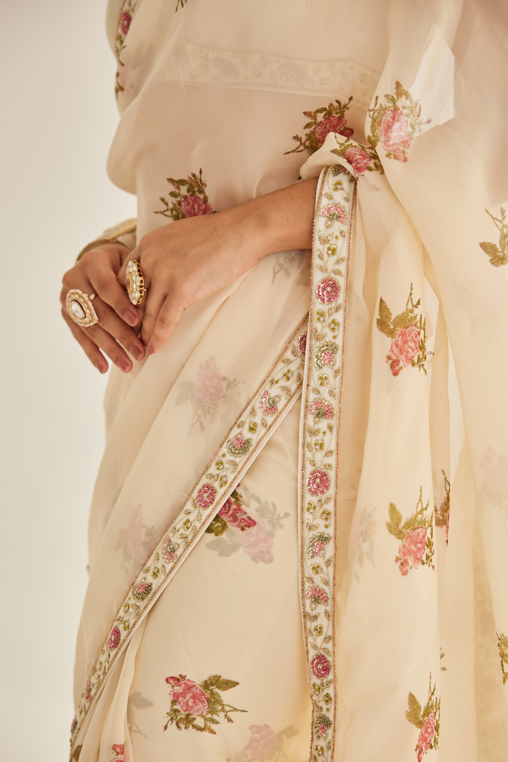 Zardozi Embroidered Hand Block Printed Organza Sari And Blouse.