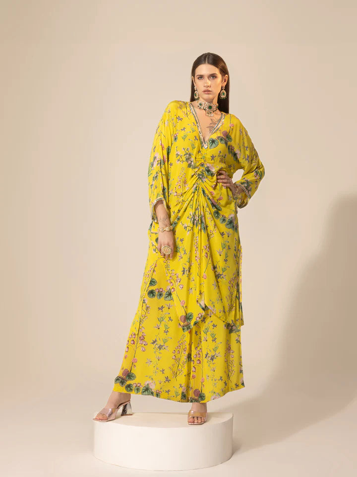 Yellow Botanical Drawstring Kaftan & Pants Set