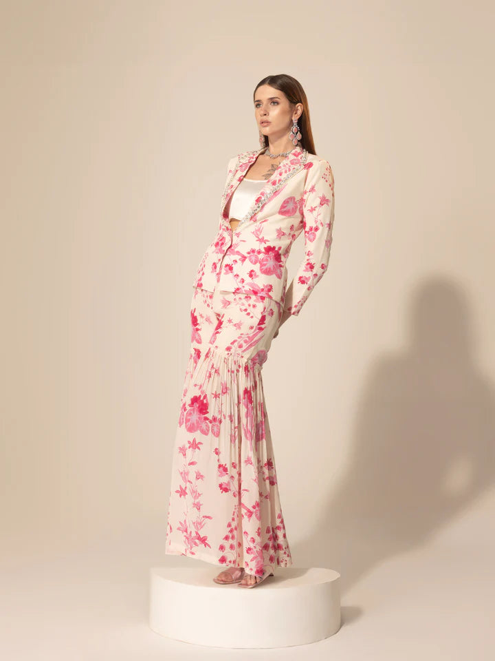 Ivory & Pink  Botanical Printed Blazer & Sharara