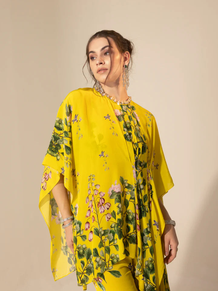 Yellow Botanical Asymmetric Top & Sharara Pants