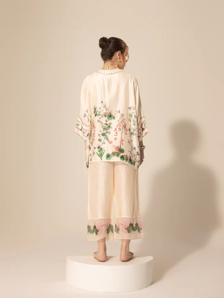 Ivory Botanical Printed Shirt Kaftan & Ankle Pants Set