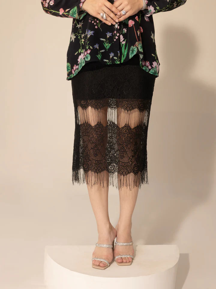 Black Botanical Printed Shirt & Chantilly Lace Skirt Set (Copy)