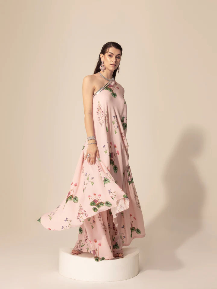 Blush Pink Asymmetrical One Shoulder Tunic & Sharara Pants