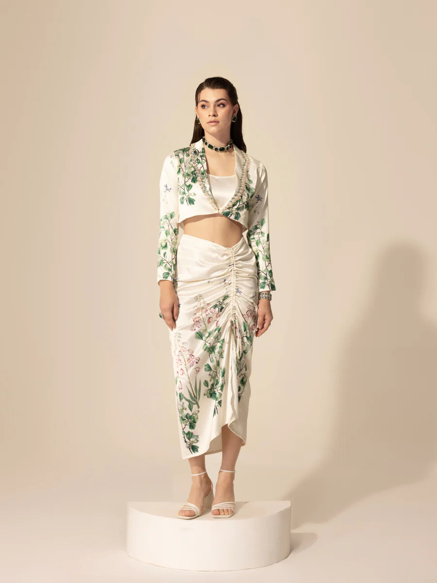 Off - White Botanical Cropped Blazer & Drawstring Skirt