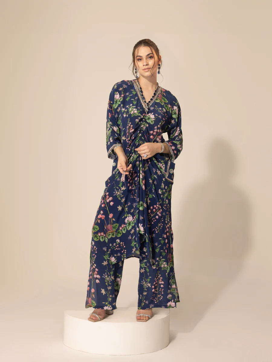 Navy Blue Botanical Drawstring Kaftan & Pants Set