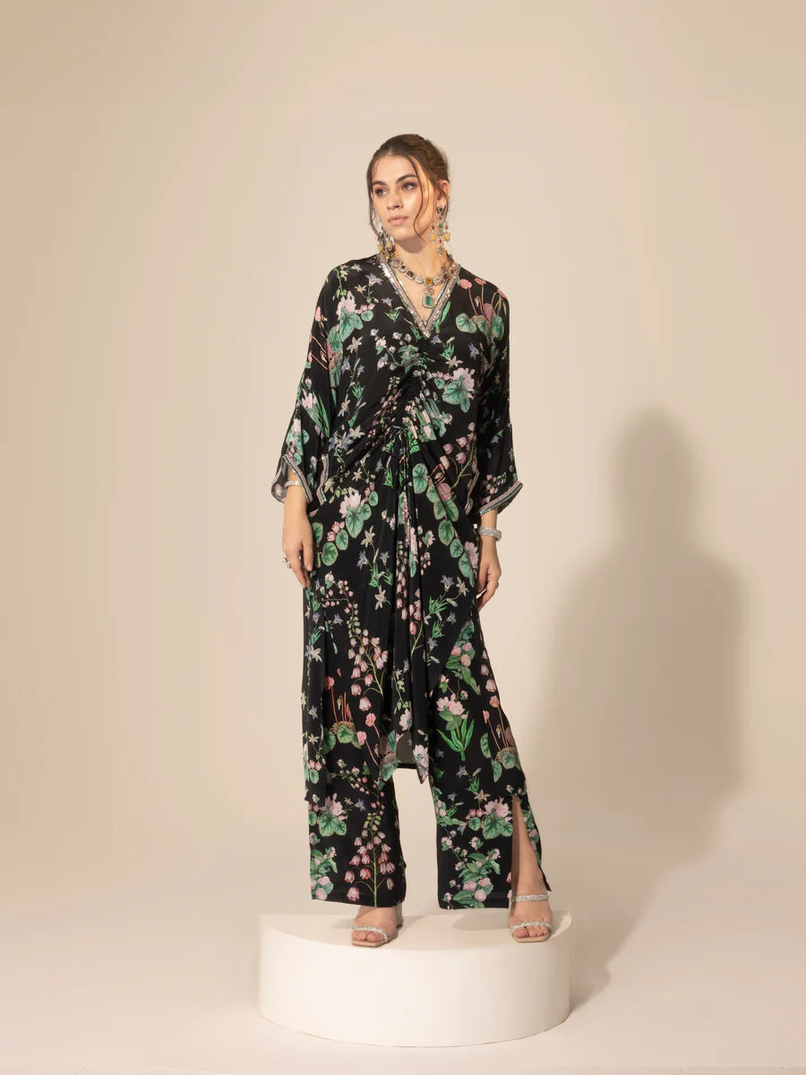 Black Botanical Drawstring Kaftan & Pants Set