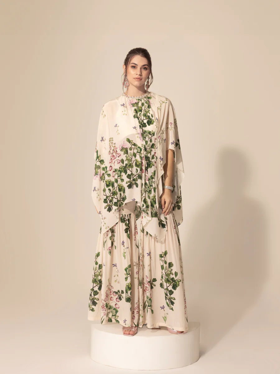 Ivory Botanical Asymmetric Top & Sharara Pants