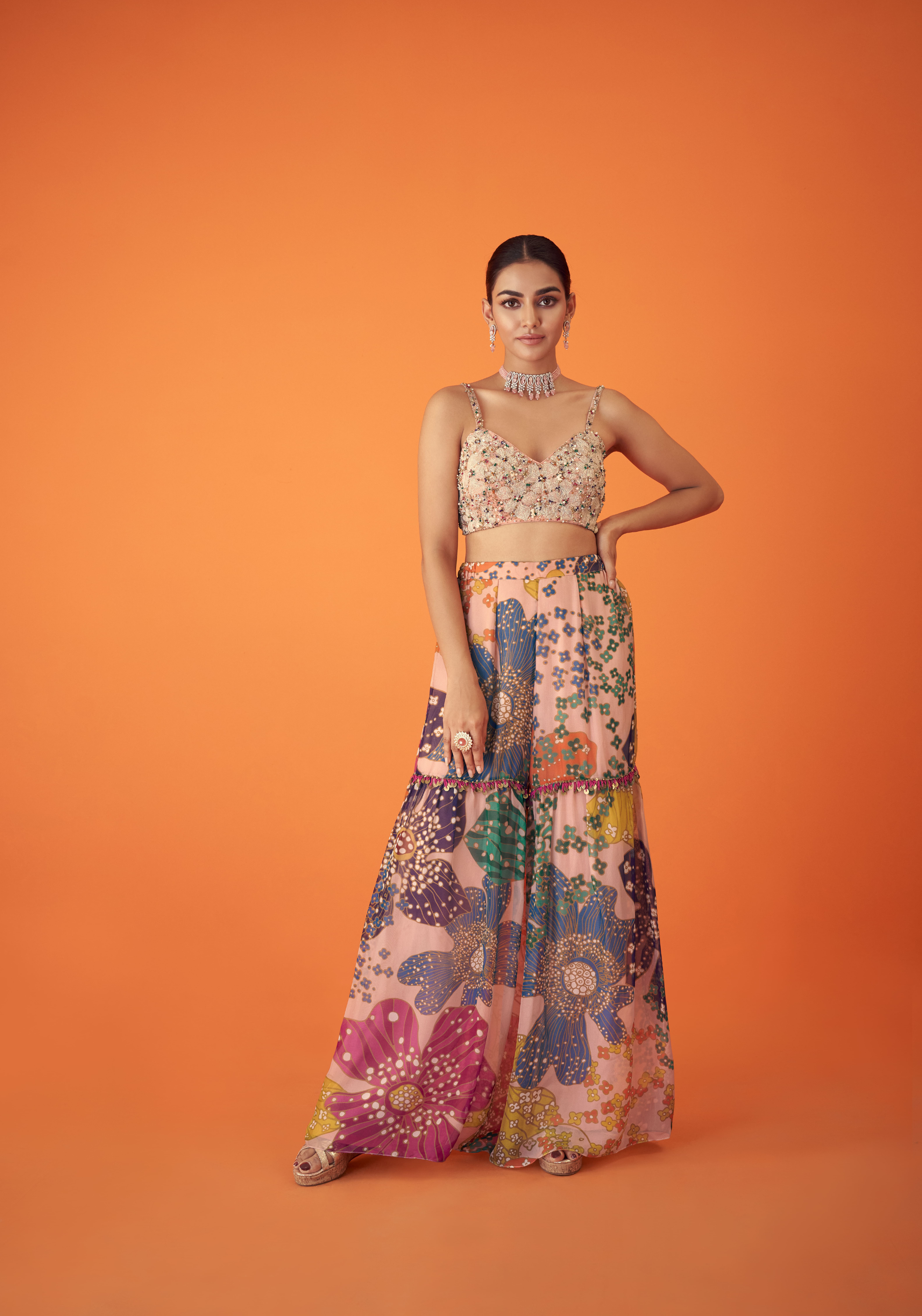 Peach Printed Organza Cape Paired With Sharara Pants And Embellished Bustier