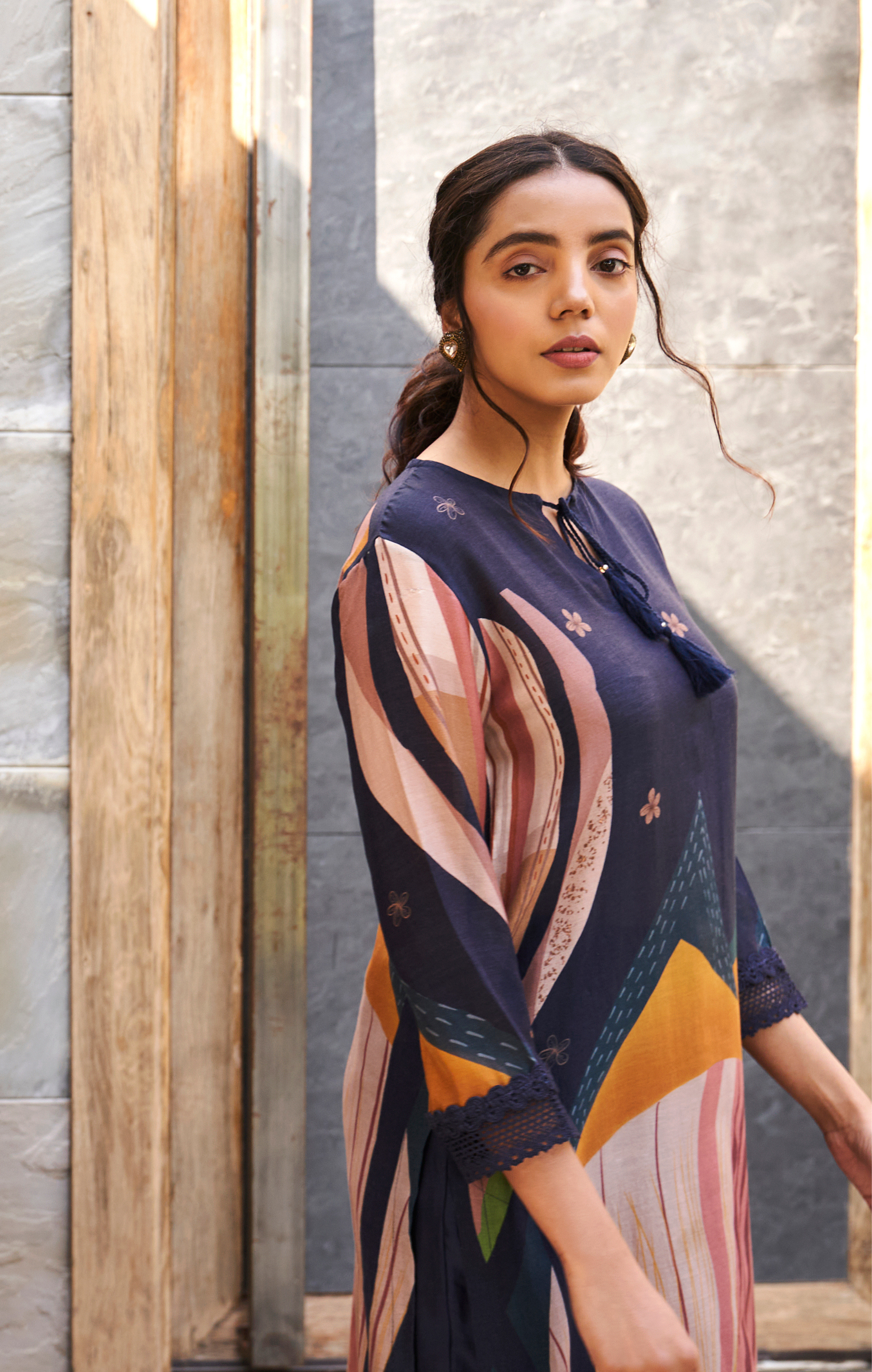 Midnight Blue Abstract Print Kurta Set With Trousers
