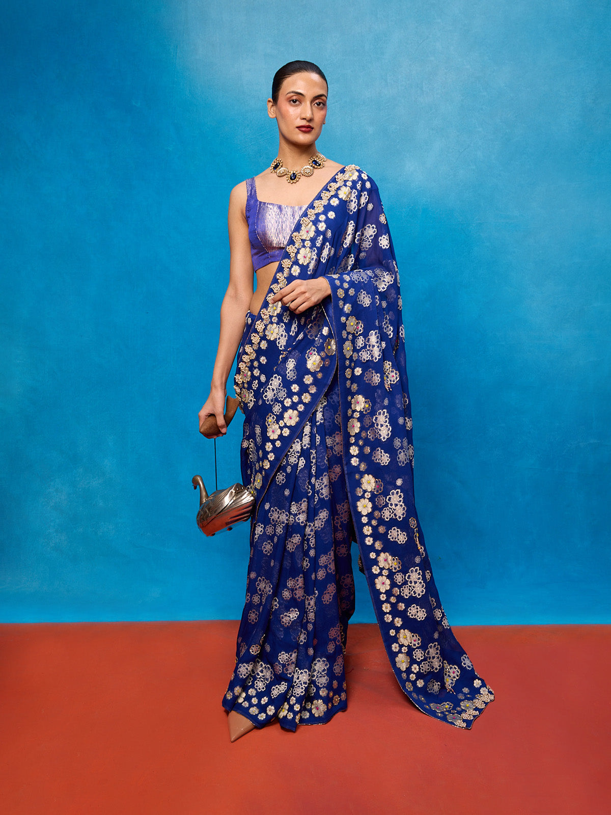Handwoven Royal Blue Chiffon Banarasi Saree