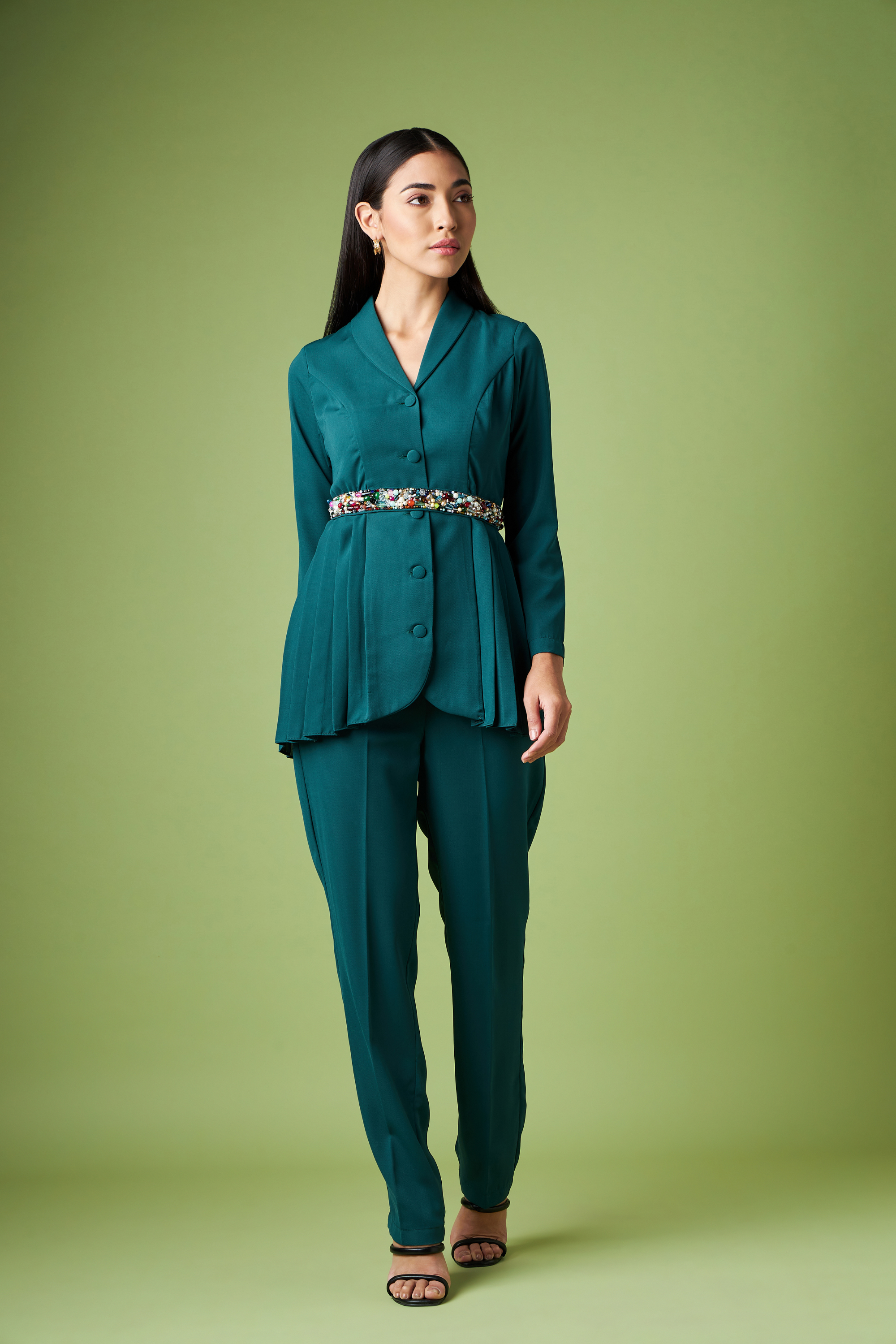 Pleated Blazer Pant Suit With Crystal Belt
