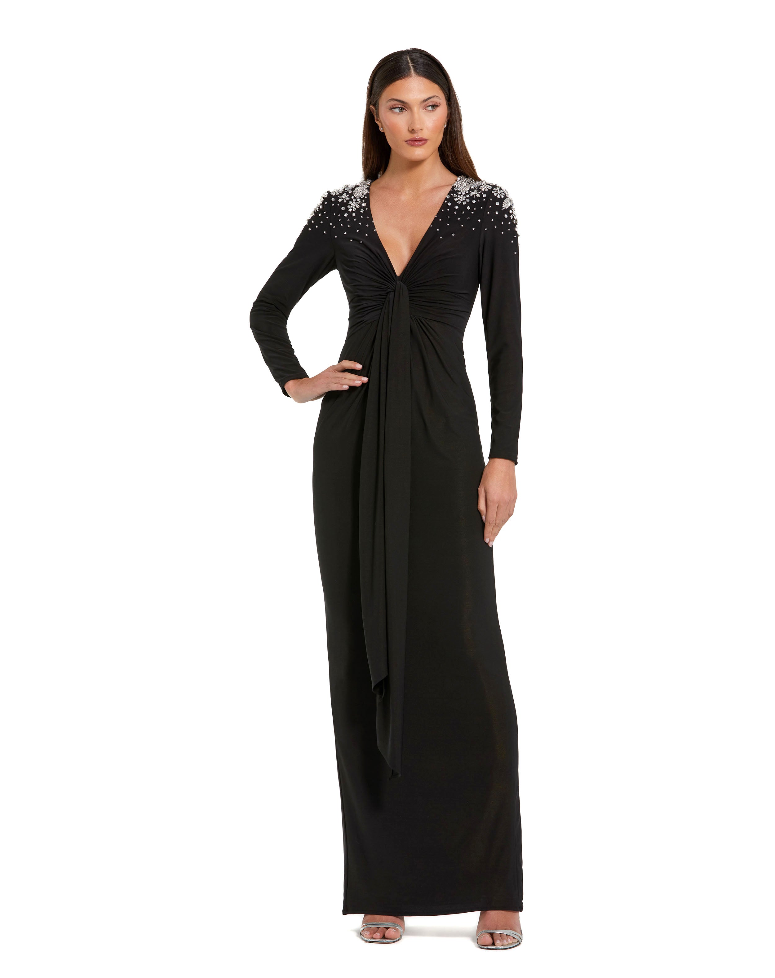 Jersey V Neck Faux Knot Gown With Beaded Shoulders